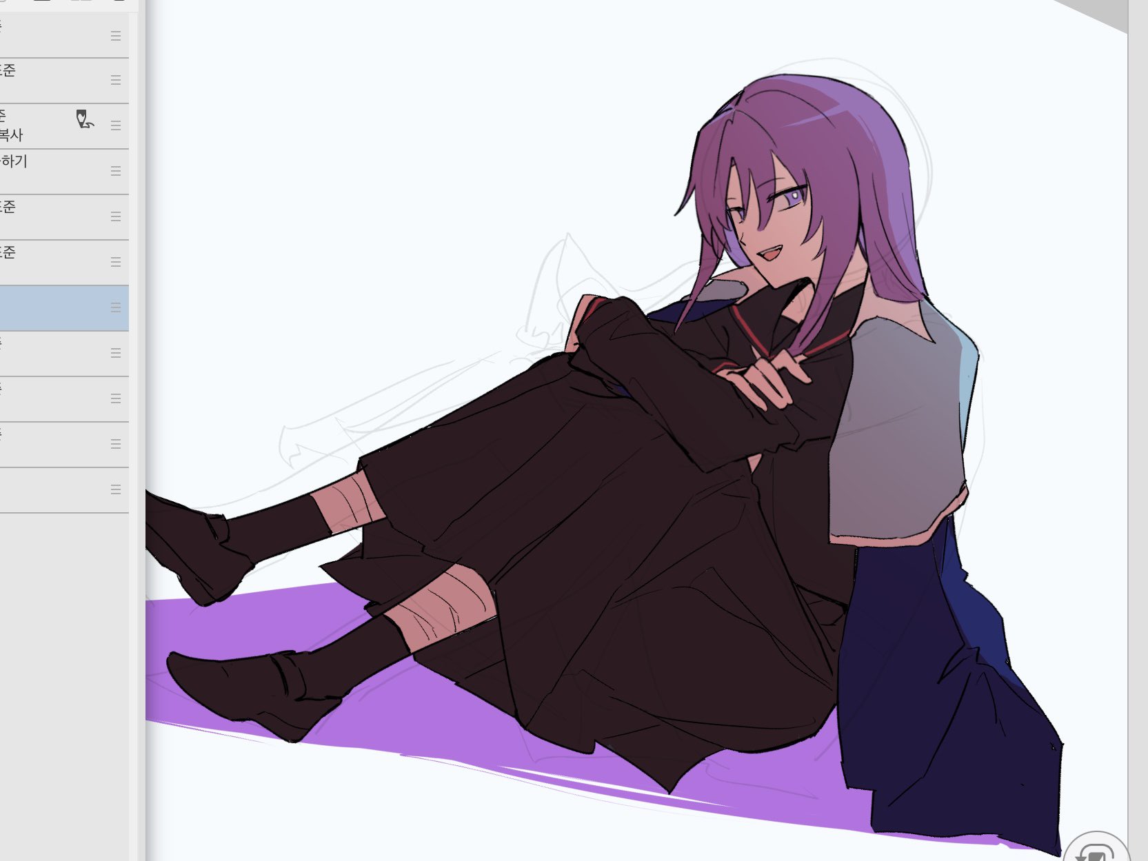 re1re133, clause (len'en), len'en, highres, procreate (medium), 1other, alternate costume, androgynous, arms on knees, art program in frame, bandaged leg, bandages, black sailor collar, black serafuku, black shoes, black skirt, black socks, blue capelet, blue coat, bright pupils, capelet, coat, coat on shoulders, collared capelet, colored shadow, crossed arms, full body, hair between eyes, happy, knees up, long hair, long skirt, neckerchief, open mouth, other focus, pleated skirt, pointy nose, purple eyes, purple hair, sailor collar, school uniform, serafuku, shadow, shoes, sidelocks, simple background, sitting, skirt, smile, socks, solo, teeth, upper teeth only, uwabaki, white background, white neckerchief, white pupils