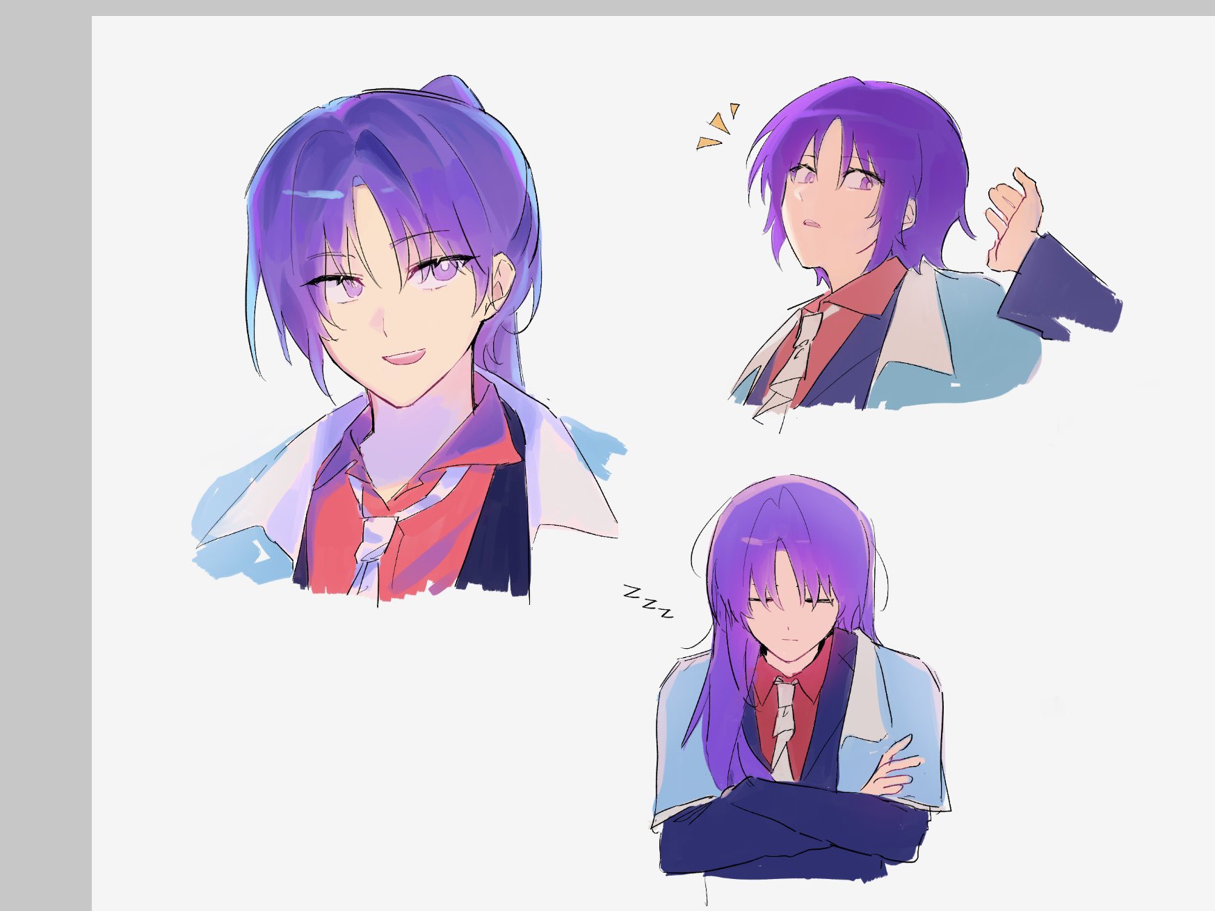 re1re133, clause (len'en), len'en, highres, 1other, alternate hairstyle, androgynous, art program in frame, ascot, blue capelet, blue coat, bright pupils, capelet, coat, collared capelet, collared shirt, crossed arms, eyes visible through hair, hair half over shoulder, head tilt, long hair, long sleeves, looking at hand, multiple views, notice lines, open mouth, other focus, parted bangs, pink shirt, ponytail, purple eyes, purple hair, shirt, short hair, simple background, smile, surprised, teeth, upper teeth only, white ascot, white background, white pupils, zzz
