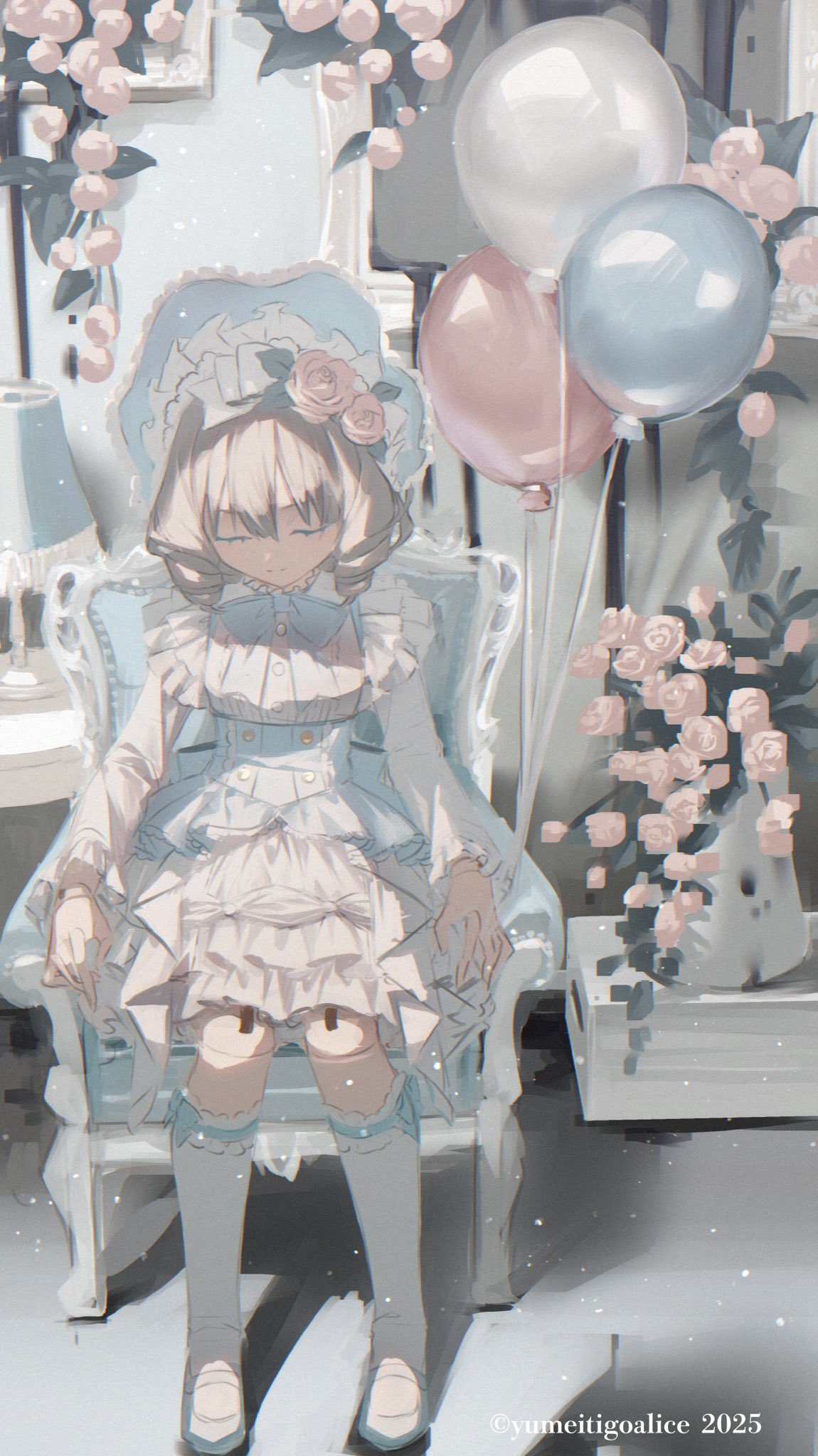 yumeichigo alice, original, highres, 1girl, balloon, blue bow, bonnet, bow, chair, closed eyes, closed mouth, doll joints, dress, drill hair, feet out of frame, flower, frilled dress, frills, hair flower, hair ornament, indoors, joints, lamp, lolita fashion, long sleeves, on chair, pink flower, pink rose, rose, sitting, socks, solo, vase, white dress