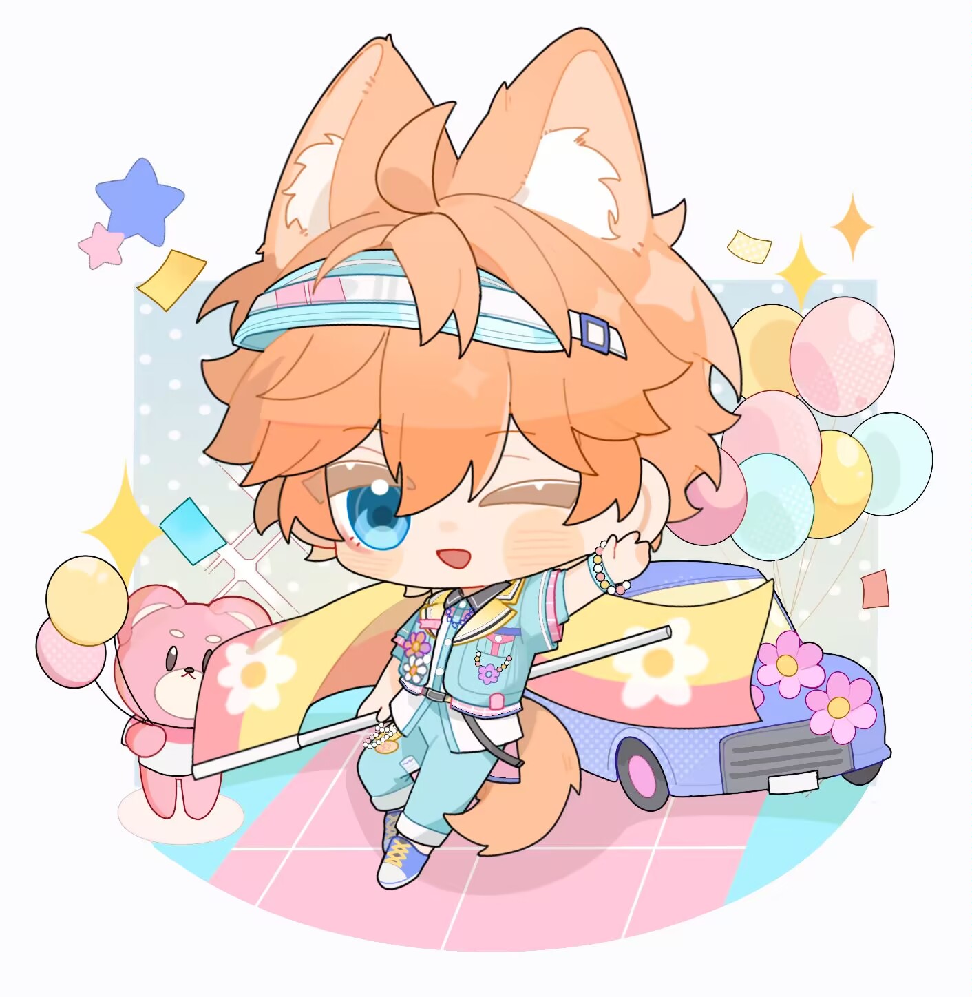 akehoshi subaru, ensemble stars!, highres, 1boy, ahoge, animal ears, arm up, balloon, blue eyes, blue shirt, bracelet, chibi, chibi only, flag, full body, hair between eyes, holding, holding flag, jewelry, kemonomimi mode, male focus, one eye closed, open mouth, orange hair, shirt, short sleeves, simple background, smile, solo, star (symbol), tail, visor cap, white background, yyq1919