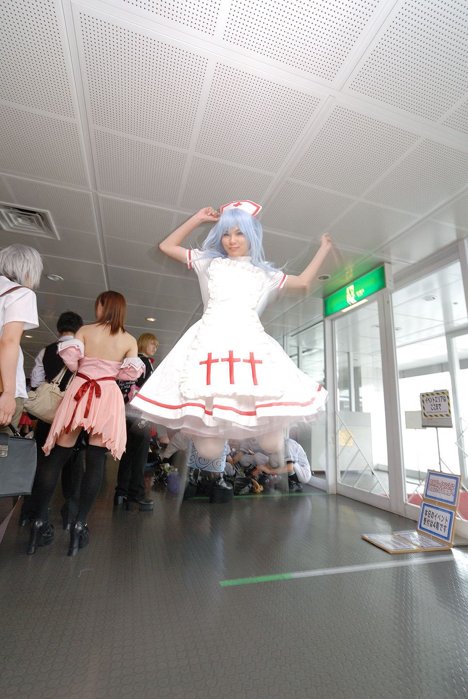 kouno tooru, princess princess, highres, photo (medium), blue hair, cosplay, jumping, kouzuki suzuka, nurse