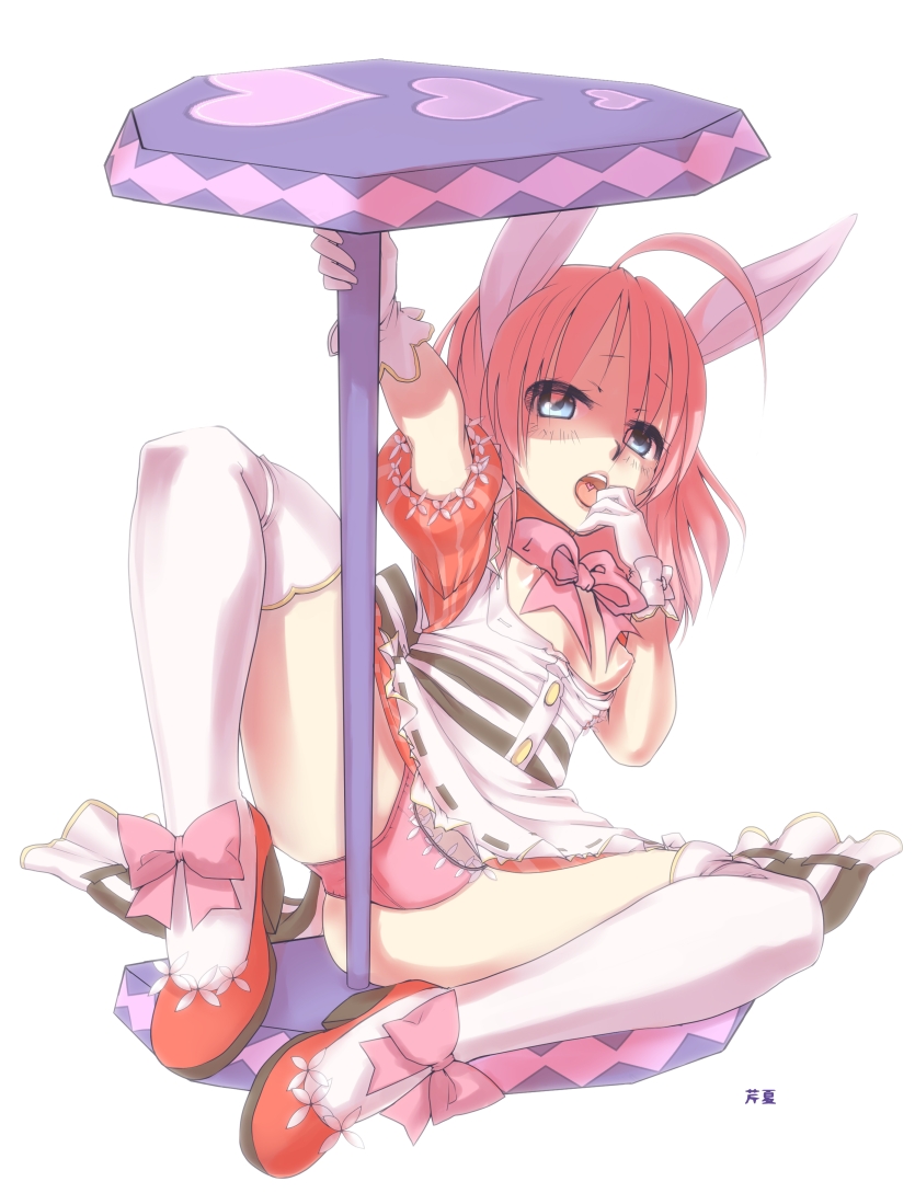 emil chronicle online, 1girl, ahoge, animal ears, apron, artist name, breasts, dress, gasako3, gloves, medium breasts, minnie doe alma, neck ribbon, nipples, panties, pink dress, pink hair, pink panties, ponytail, purple ribbon, rabbit ears, rabbit girl, red shoes, ribbon, shoes, solo, spread legs, thighhighs, thighs, underwear, white apron, white background, white gloves, white thighhighs