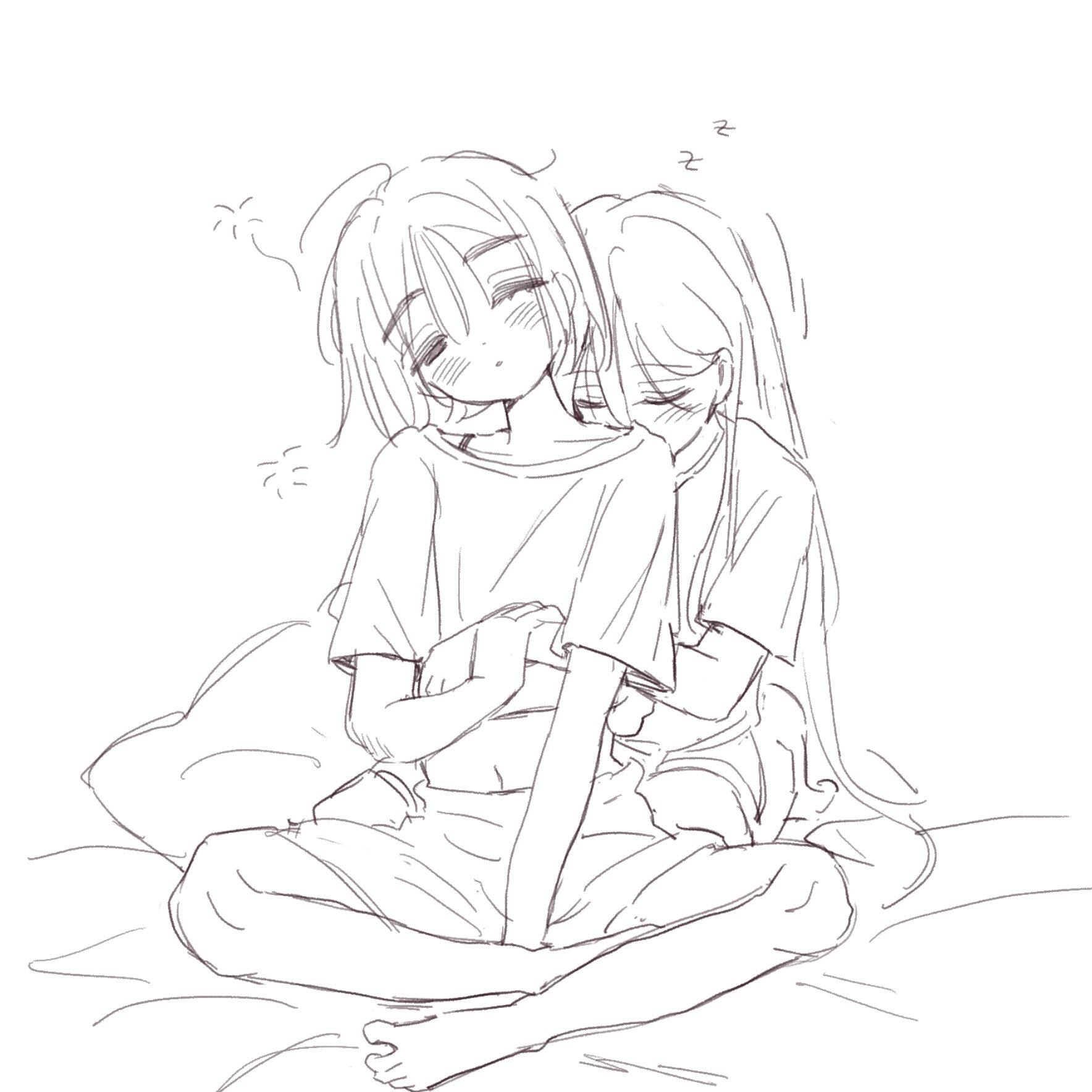 coldmeow, mizi (alien stage), sua (alien stage), alien stage, highres, 2girls, :o, barefoot, bra strap, hug, hug from behind, long hair, midriff, multiple girls, navel, one eye closed, parted lips, shirt, short hair, short sleeves, shorts, sitting, sketch, sleeping, sleepy, very long hair, zzz