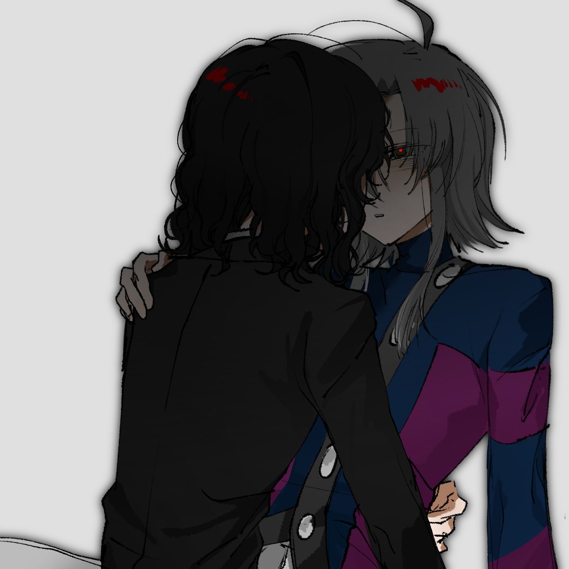gas wf, emergency everyday, len'en, commentary, 2boys, ahoge, black coat, black eyes, black hair, blue jacket, bright pupils, buttons, coat, cowboy shot, daijin, eyes visible through hair, grey background, grey hair, grey pants, hand on another's hip, hand on another's shoulder, high collar, jacket, kiss, long sleeves, looking at another, male focus, medium hair, multicolored jacket, multiple boys, no headwear, pants, parted lips, purple jacket, red pupils, serintsu, short hair with long locks, simple background, sitting, striped sleeves, two-tone jacket, wavy hair, yaoi