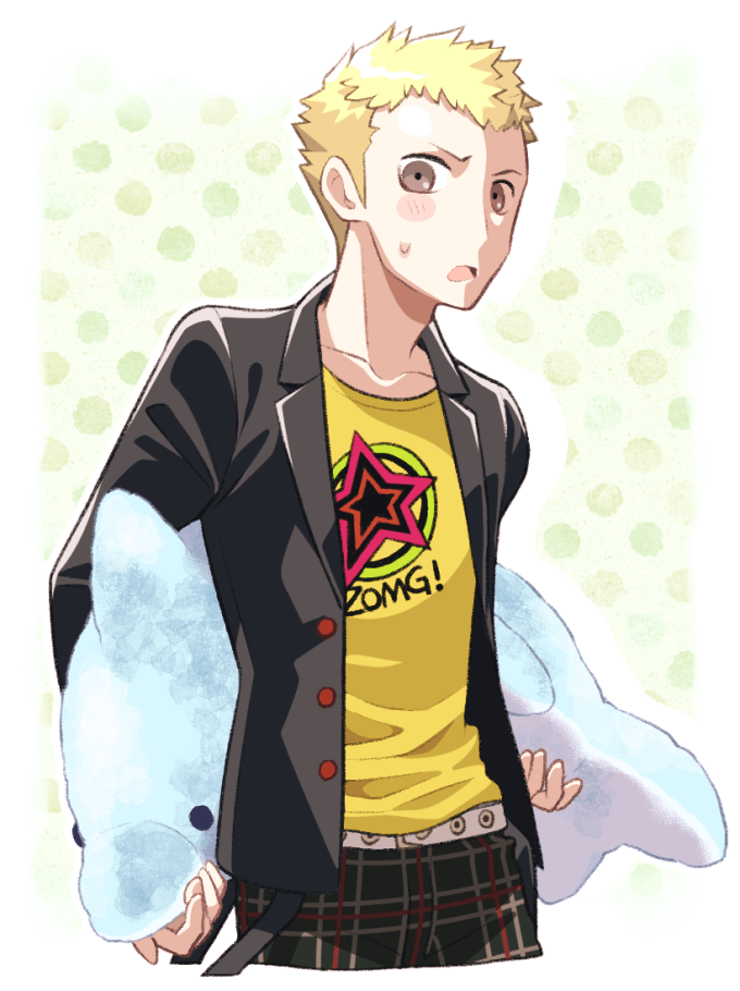 minashirazu, sakamoto ryuuji, persona, persona 5, commentary request, 1boy, black jacket, blonde hair, blush, brown eyes, green background, holding, holding stuffed toy, jacket, long sleeves, male focus, open clothes, open jacket, open mouth, pants, plaid clothes, plaid pants, polka dot, polka dot background, school uniform, shirt, simple background, solo, spiked hair, stuffed animal, stuffed dolphin, stuffed toy, t-shirt, yellow shirt