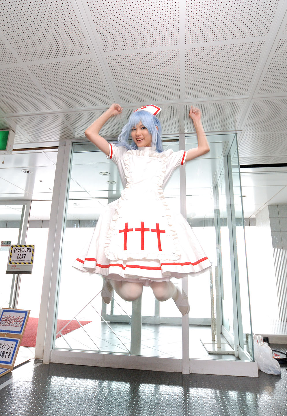 kouno tooru, princess princess, highres, photo (medium), blue hair, cosplay, jumping, kouzuki suzuka, nurse