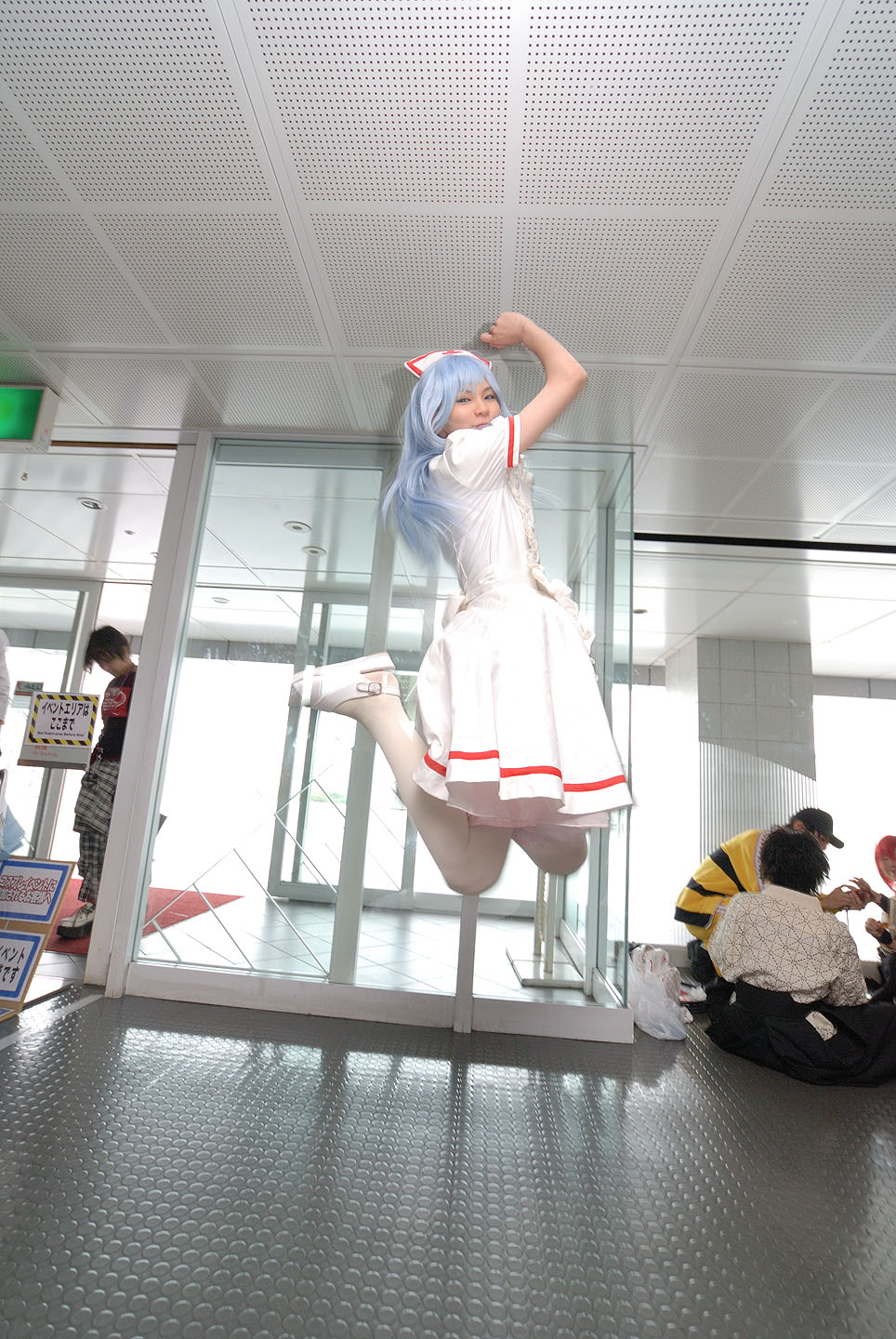 kouno tooru, princess princess, highres, photo (medium), blue hair, cosplay, jumping, kouzuki suzuka, nurse
