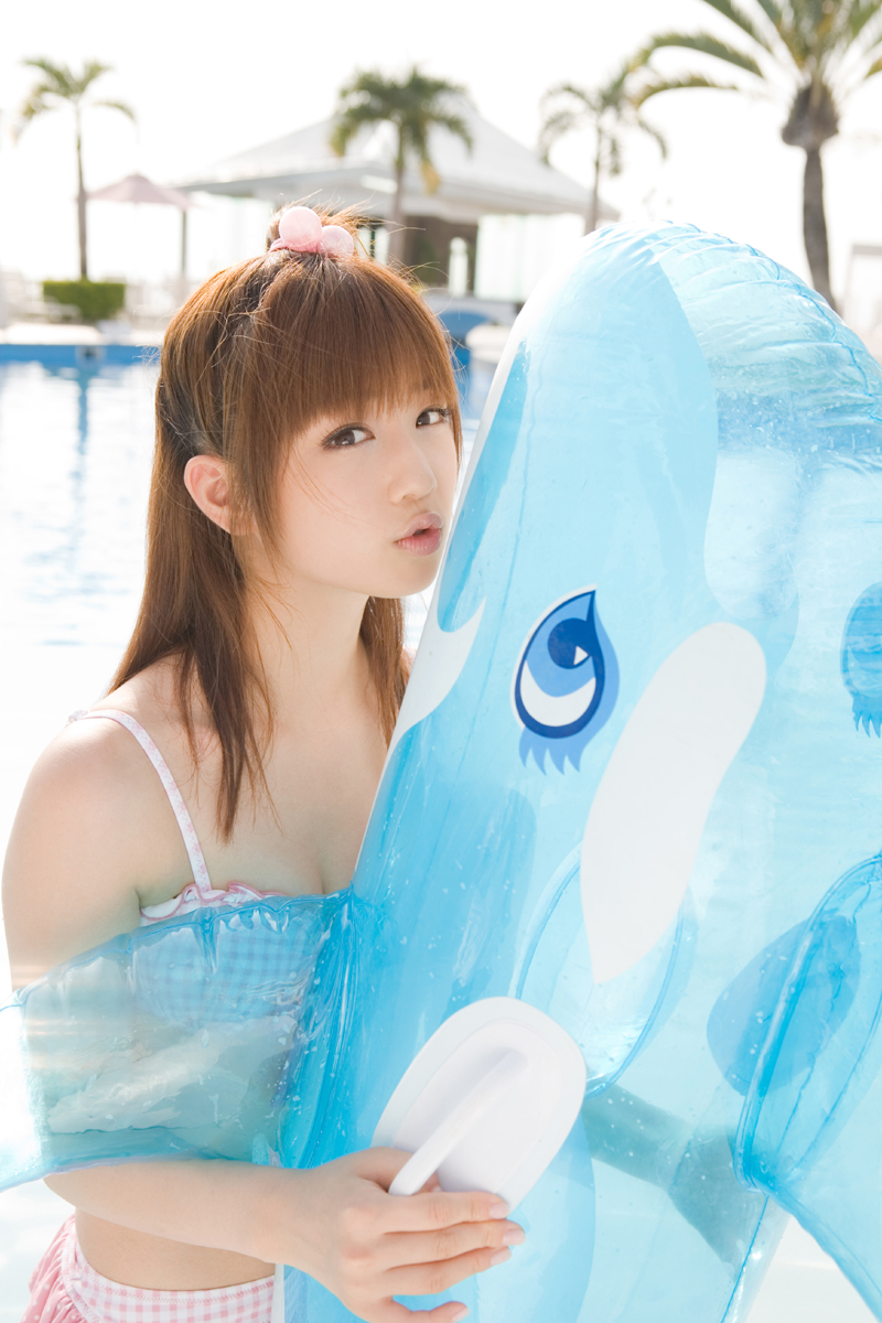 ogura yuuko, autumn breeze, highres, photo (medium), bikini, bikini top only, inflatable dolphin, inflatable toy, miniskirt, polka dot, pool, skirt, swimsuit