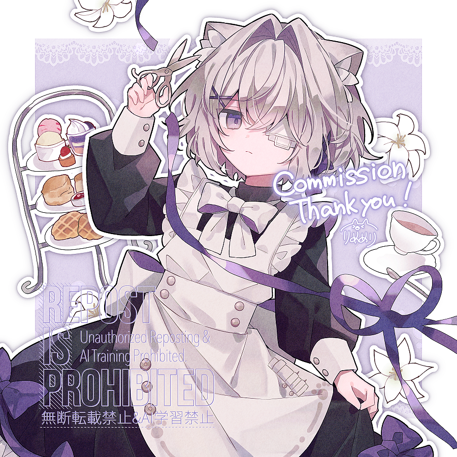 eringikinono, original, commentary request, commission, skeb commission, 1boy, animal ears, apron, black dress, border, bow, bowtie, crossdressing, crossdressing (mtf), cup, dress, english text, eyepatch, flower, frown, grey hair, hair intakes, holding, holding scissors, looking at viewer, maid, male focus, outline, purple background, purple bow, purple eyes, purple ribbon, ribbon, saucer, scissors, short hair, signature, solo, spoon, tea set, teacup, tiered tray, watermark, white apron, white border, white bow, white bowtie, white flower