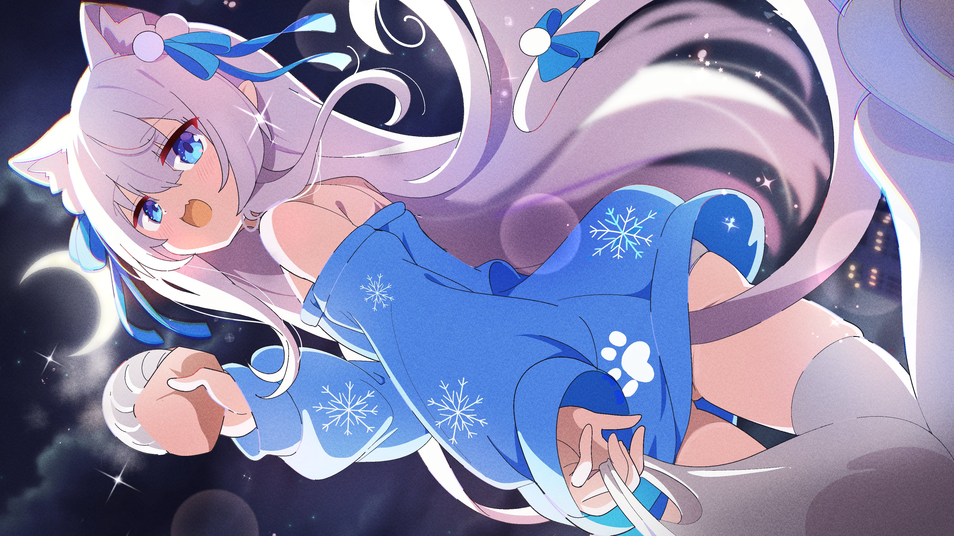 shiro9jira, original, absurdres, commission, highres, skeb commission, 1girl, animal ears, bag, bare shoulders, blue sweater, blush, bow, cat ears, cat tail, fang, hair ribbon, holding, holding bag, long hair, long sleeves, looking at viewer, off-shoulder sweater, off shoulder, open mouth, panties, plastic bag, pointy ears, ribbon, shopping bag, smile, snowflake print, sweater, tail, tail bow, tail ornament, underwear, very long hair, white panties