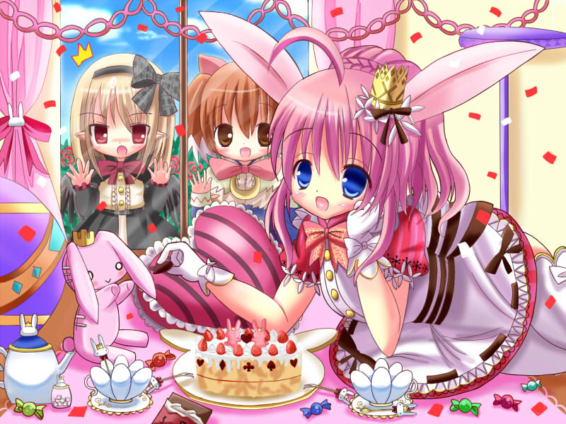 hane., bow alma, dark feather alma, emil chronicle online, 3girls, ahoge, animal ears, apron, black dress, black hairband, black wings, blonde hair, blue dress, blue eyes, brown eyes, brown hair, cake, candy, capelet, chocolate, confetti, crown, cup, dog ears, dog girl, dress, food, gloves, hair ribbon, hairband, holding, holding chocolate, holding food, lying, minnie doe alma, multiple girls, neck ribbon, open mouth, pink dress, pink hair, pink ribbon, pointy ears, ponytail, rabbit ears, rabbit girl, red eyes, red ribbon, ribbon, stuffed animal, stuffed rabbit, stuffed toy, teacup, teapot, thighhighs, white apron, white capelet, white gloves, white thighhighs, window, wings