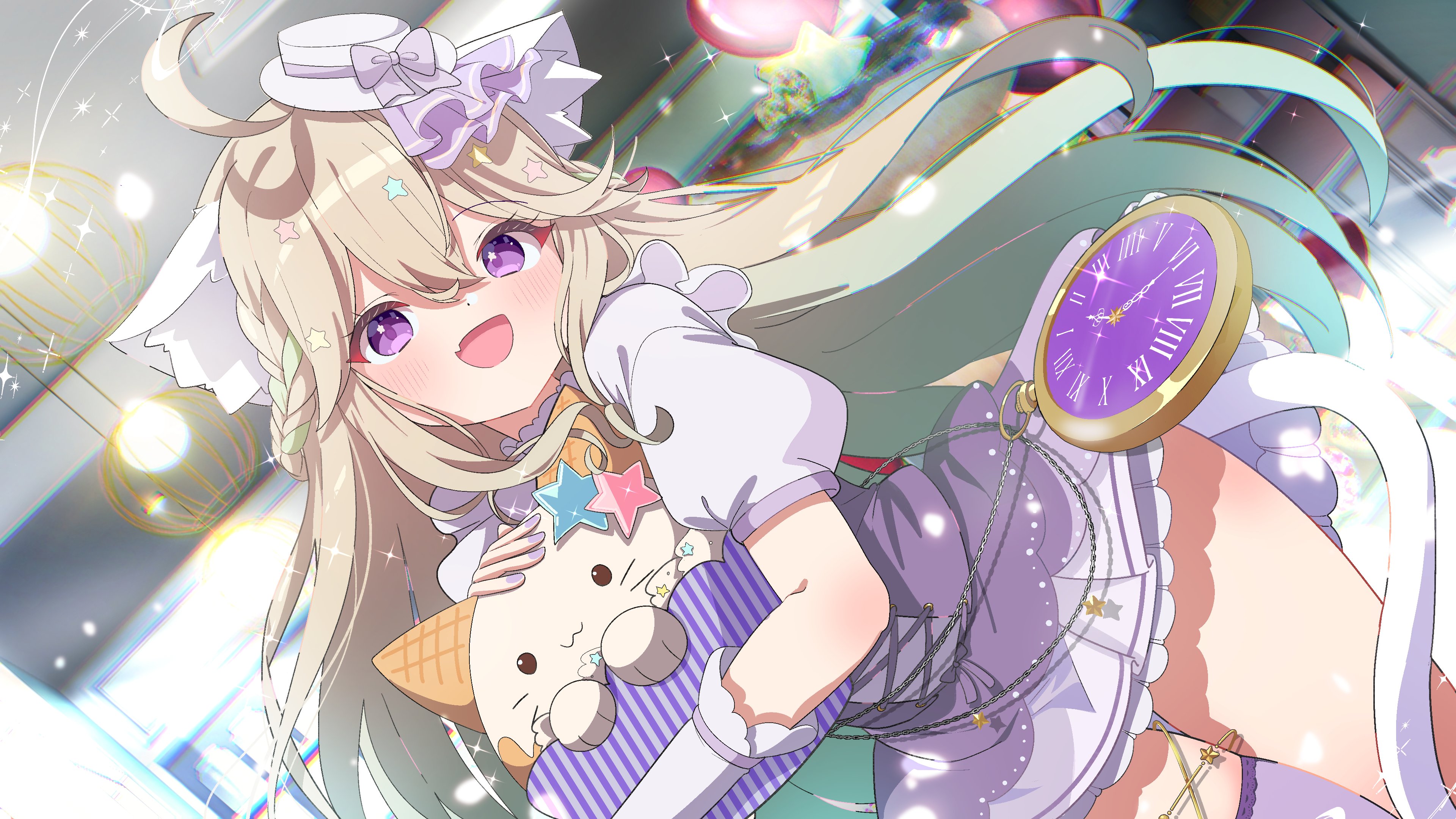 shiro9jira, original, absurdres, commission, highres, skeb commission, 1girl, animal ears, blonde hair, blush, cat, dress, fang, hair ornament, hat, long hair, looking at viewer, open mouth, puffy short sleeves, puffy sleeves, purple dress, purple eyes, short sleeves, skin fang, smile, solo, star (symbol), star hair ornament, stuffed animal, stuffed cat, stuffed toy, virtual youtuber
