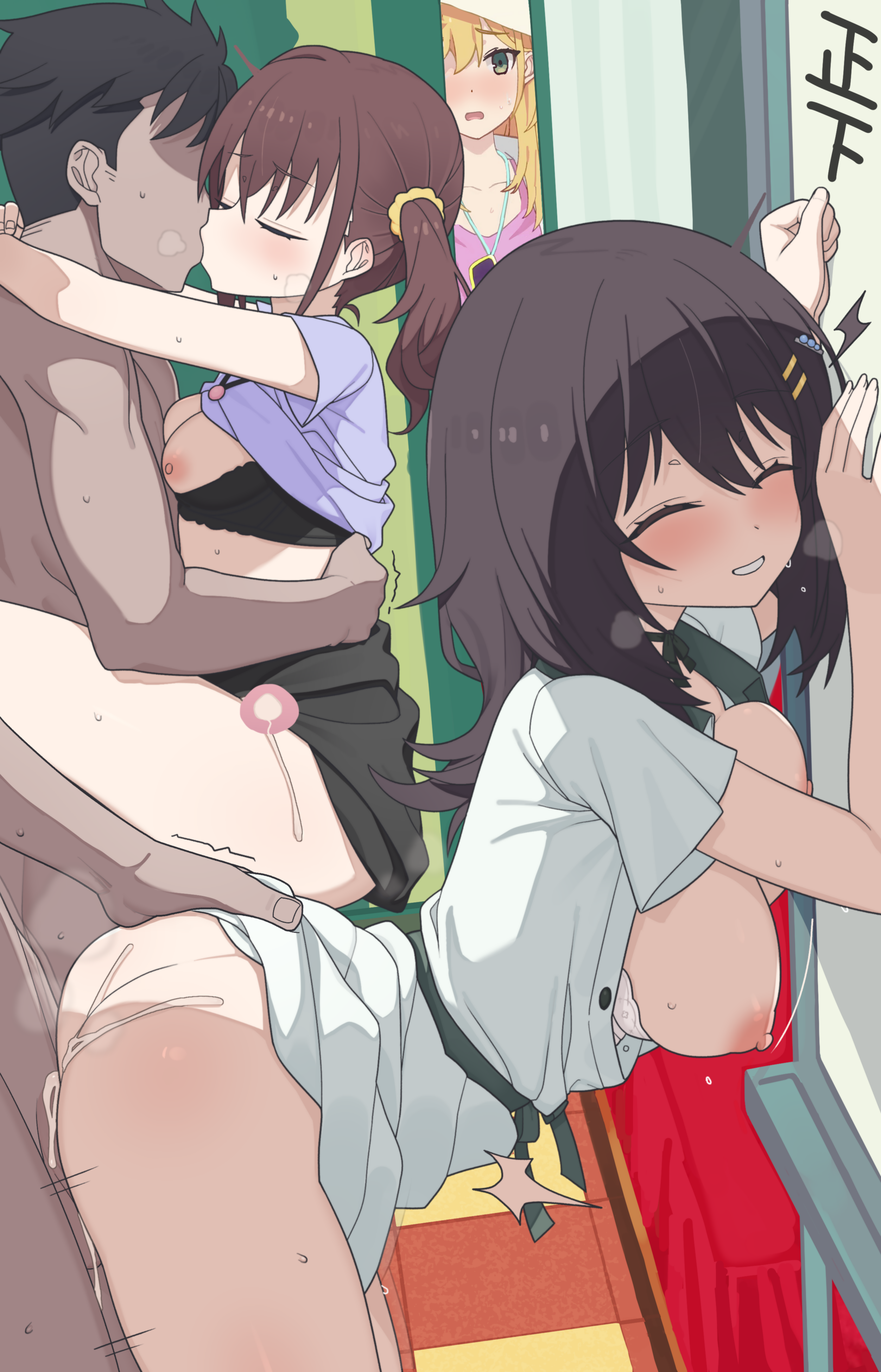 eguegu, furutachi kurea, hoshi nana, kawai mako, hibi wa sugiredo meshi umashi, absurdres, highres, 2boys, 3girls, against wall, arms around neck, bent over, black bra, black hair, black skirt, blonde hair, blush, bouncing breasts, bra, bra pull, breasts, breasts out, brown hair, closed eyes, clothed female nude male, clothed sex, clothes lift, clothes pull, clubroom, cum, cum in pussy, dress, faceless, faceless male, green dress, green eyes, green sash, group sex, hair tie, hand on another's ass, hetero, indoors, kiss, large breasts, leg lock, looking back, multiple boys, multiple girls, multiple hair clips, nipples, nude, open clothes, open dress, open mouth, orgasm, orgy, peeking, purple shirt, sash, sex, sex from behind, shirt, shirt lift, short sleeves, skirt, small breasts, standing, standing leg lock, standing sex, suspended congress, teeth, twintails, underwear, white bra