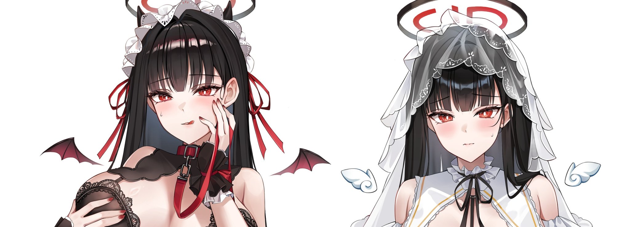 pippin (pippin sol), rio (blue archive), blue archive, commentary, highres, unfinished, 1girl, :q, alternate costume, bare shoulders, black bra, black hair, black halo, black ribbon, blush, bra, breasts, bright pupils, closed mouth, collar, fingernails, grabbing own breast, hair between eyes, halo, hands up, holding, holding leash, lace, lace-trimmed bra, lace trim, large breasts, leash, long hair, looking at viewer, multicolored halo, multiple views, nail polish, red collar, red eyes, red halo, red nails, ribbon, simple background, tongue, tongue out, two-tone halo, underwear, veil, white background, white veil, wings