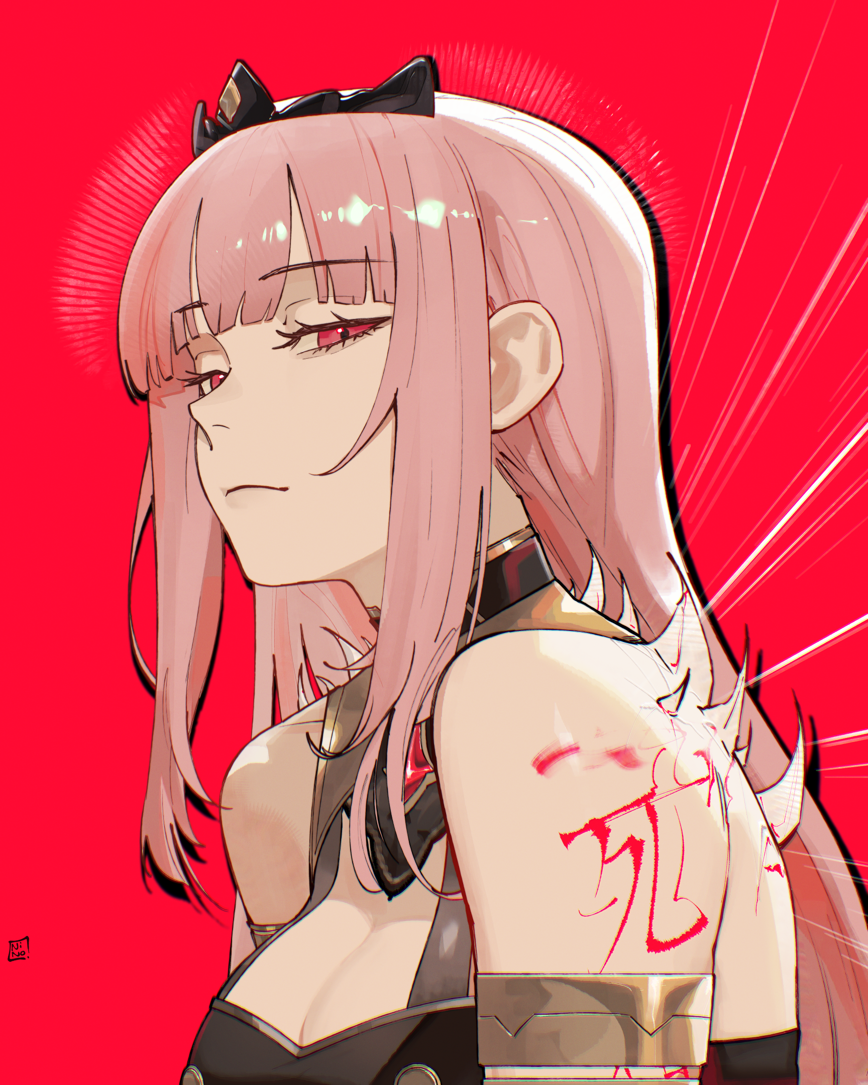 ninochuu, mori calliope, mori calliope (1st costume), hololive, hololive english, highres, translation request, 1girl, armlet, black dress, black tiara, breasts, cleavage, dress, jewelry, large breasts, long hair, pink background, pink eyes, pink hair, solo, tiara, virtual youtuber