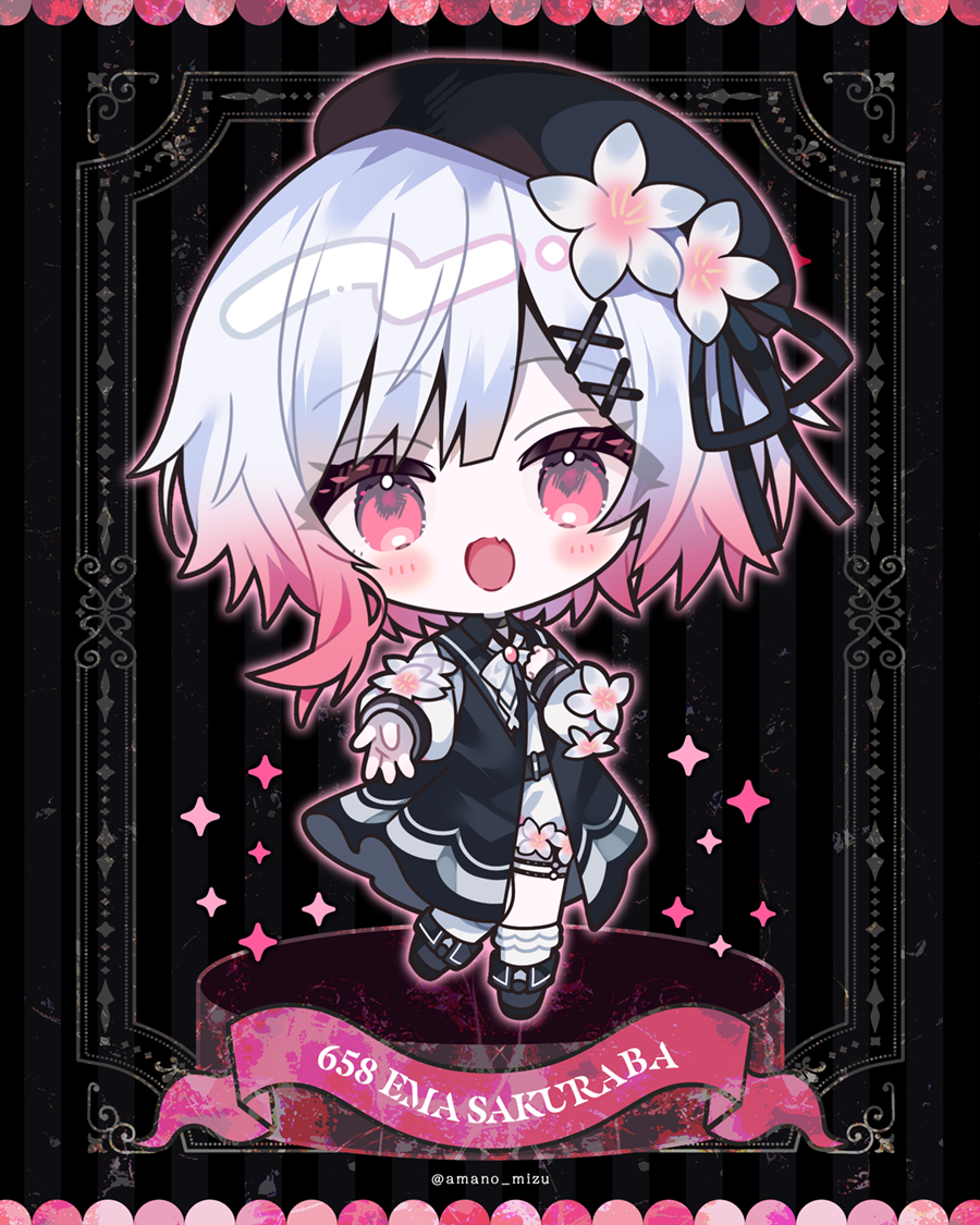 amano mizu, sakuraba ema, mahou shoujo no majo saiban, commentary request, 1girl, :d, beret, black background, black hat, black ribbon, black shoes, character name, chibi, chibi only, fang, flower, full body, gradient hair, hair flower, hair ornament, hat, long sleeves, looking at viewer, magical girl, multicolored hair, open mouth, pink eyes, pink hair, ribbon, shoes, short hair, smile, solo, sparkle, standing, white flower, white hair, x hair ornament