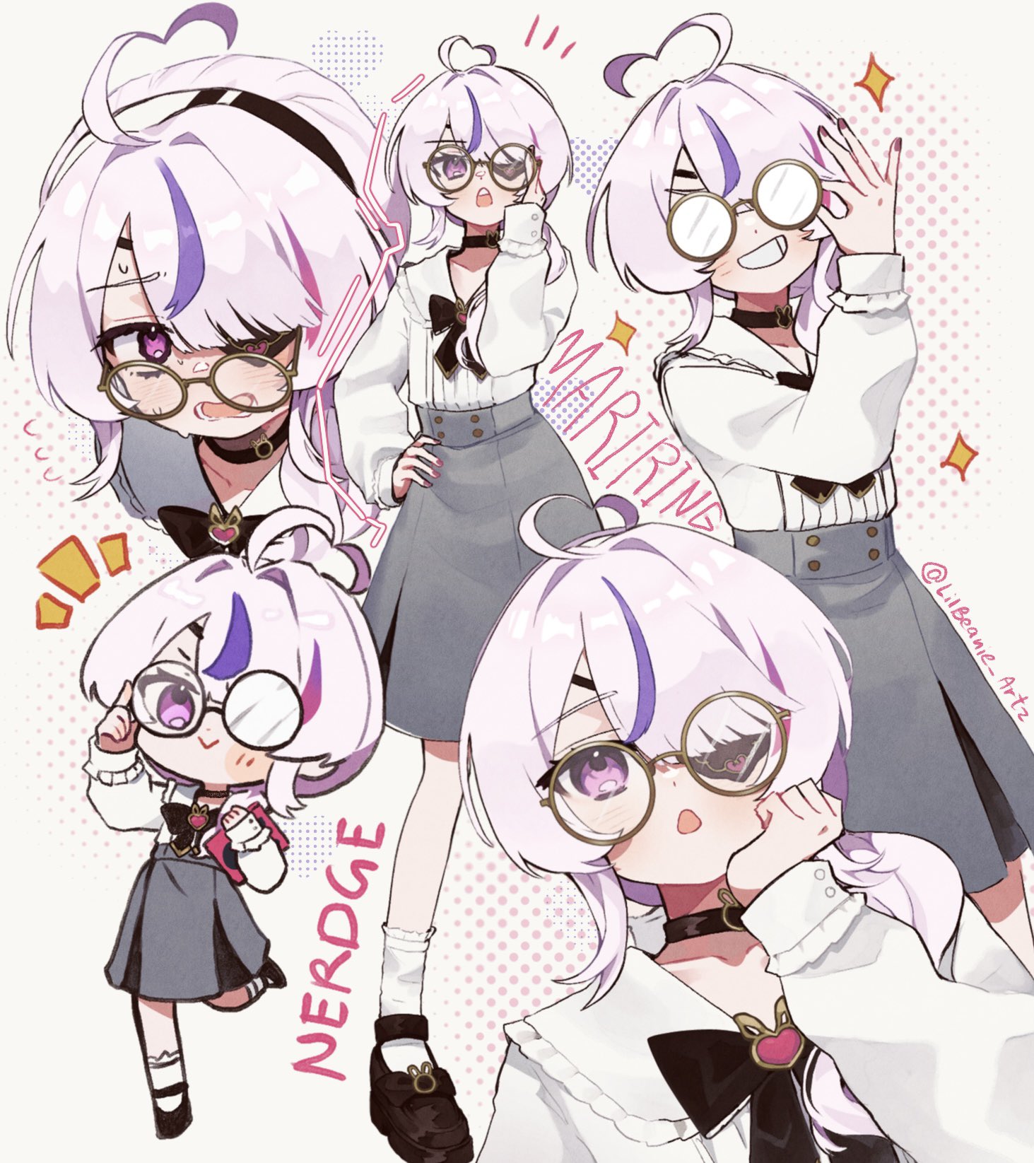 lilbeanie artz, maria marionette, nijisanji, nijisanji en, highres, 1girl, :>, adjusting eyewear, ahoge, artist name, black choker, blush, chibi, chibi inset, choker, english text, flat chest, glasses, grin, hand on own chin, hand on own hip, heart, heart ahoge, looking at viewer, multicolored hair, multiple views, opaque glasses, pink eyes, pink hair, pink nails, purple hair, round eyewear, smile, streaked hair, sweat, twitter username, virtual youtuber