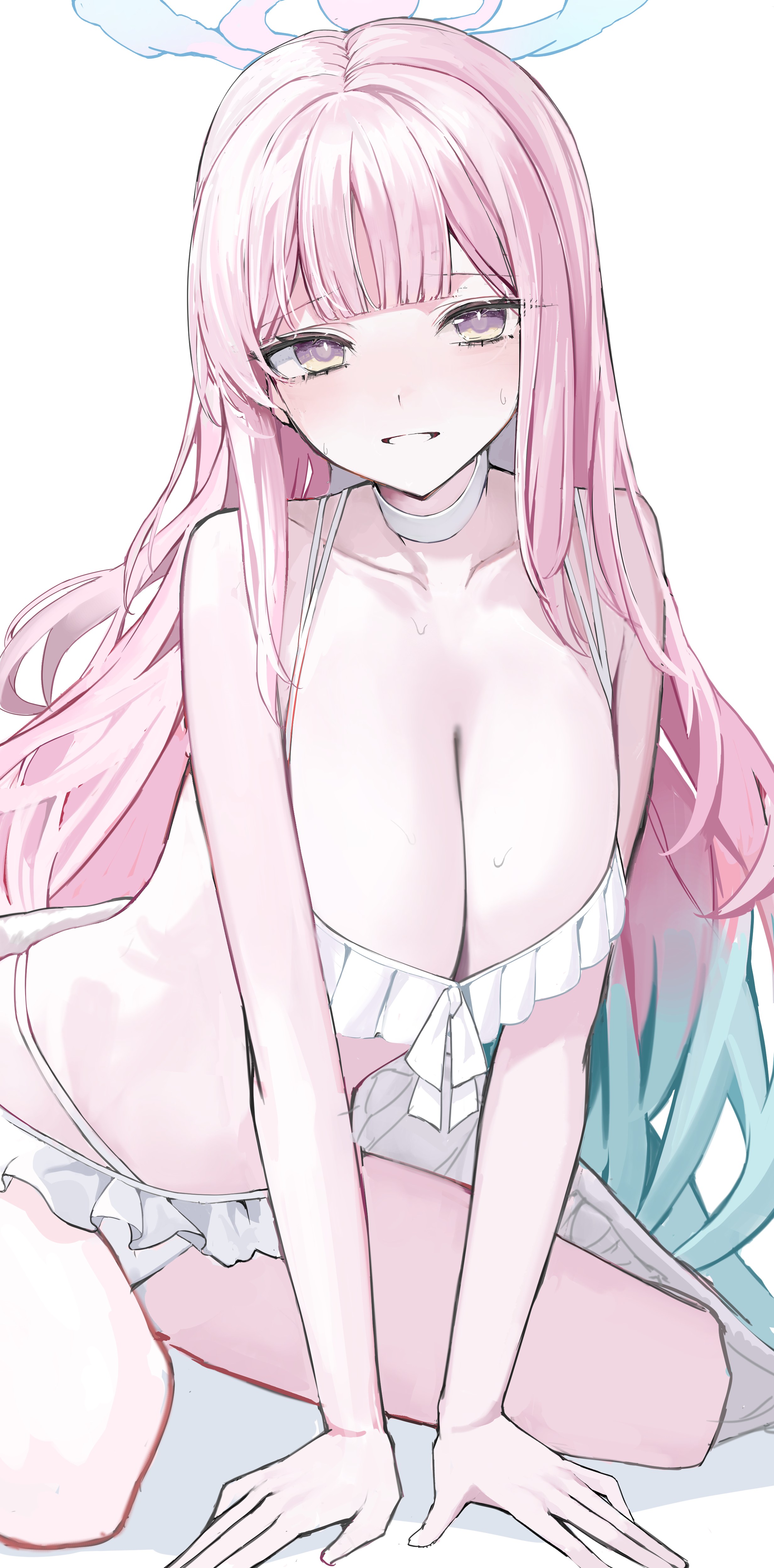 nephthys2356, mika (blue archive), mika (swimsuit) (blue archive), blue archive, absurdres, highres, 1girl, bikini, blue hair, blue halo, breasts, breasts squeezed together, choker, cleavage, frilled bikini, frills, gradient hair, gradient halo, halo, large breasts, looking at viewer, multicolored hair, multicolored halo, official alternate costume, official alternate hairstyle, pink hair, pink halo, simple background, smile, solo, swimsuit, teeth, thong bikini, wet, white bikini, white choker, yellow eyes