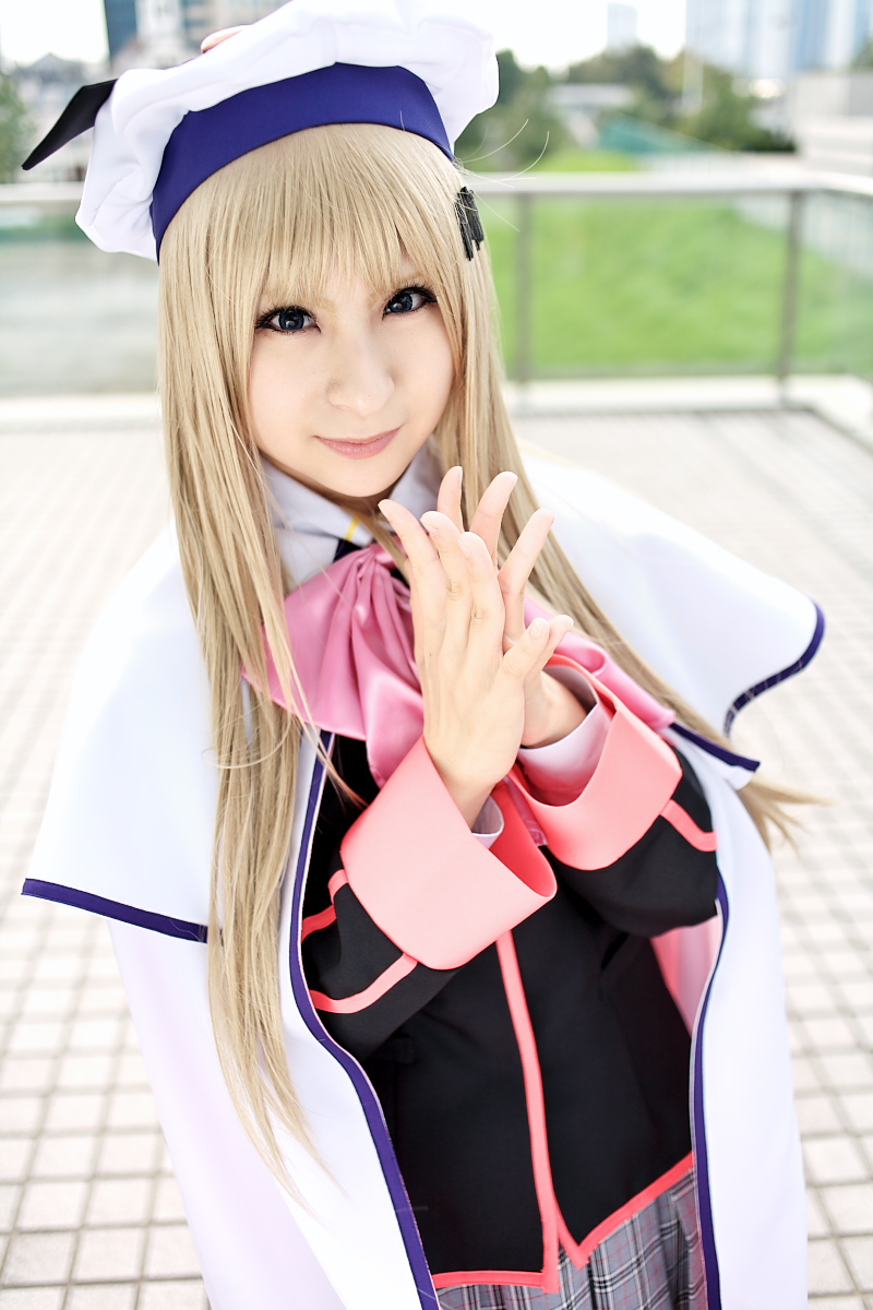 raiko, noumi kudryavka, little busters!, highres, photo (medium), beret, boots, cape, cosplay, hat, pleated skirt, sailor, school uniform, serafuku, skirt