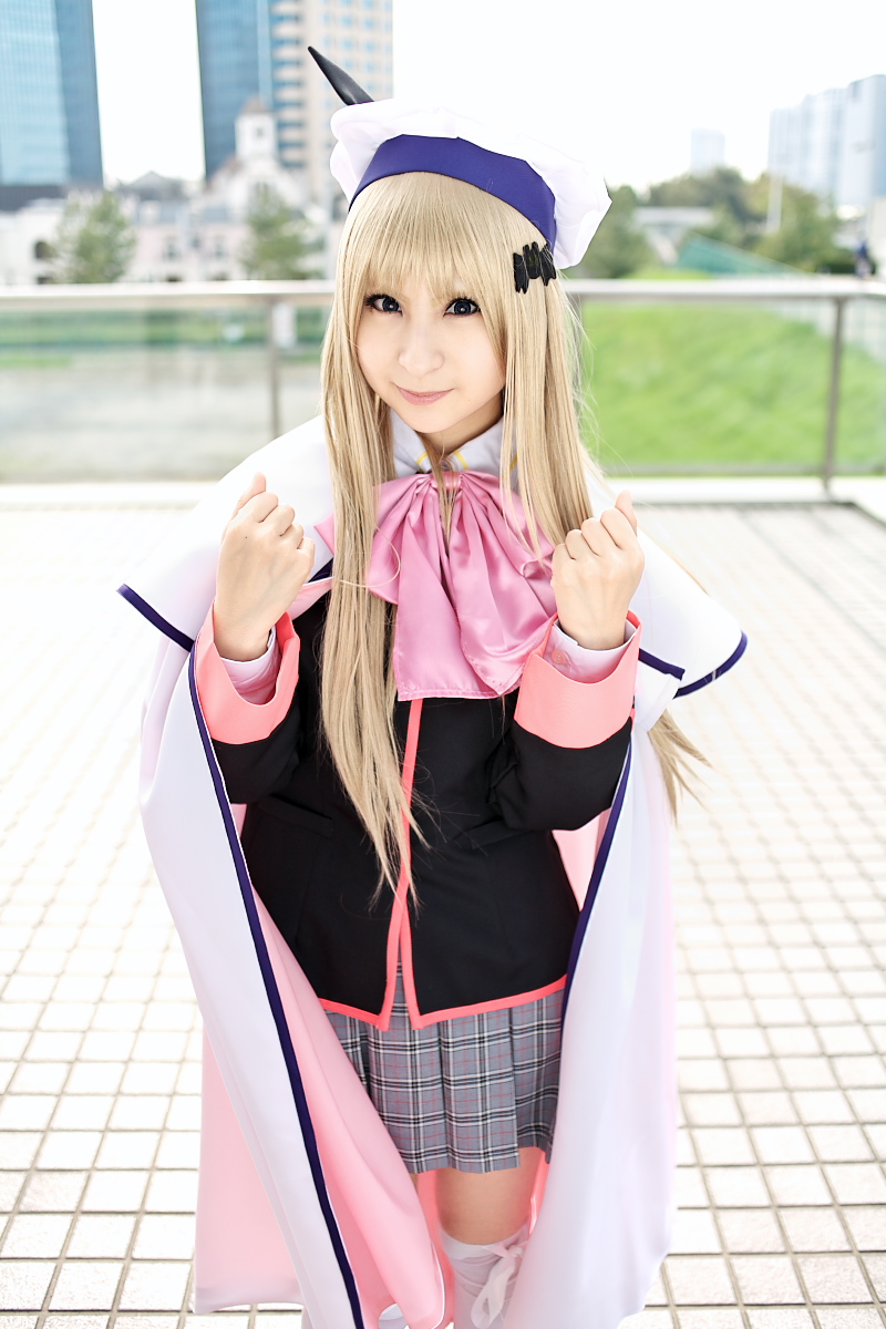 raiko, noumi kudryavka, little busters!, highres, photo (medium), beret, boots, cape, cosplay, hat, pleated skirt, sailor, school uniform, serafuku, skirt, thighhighs