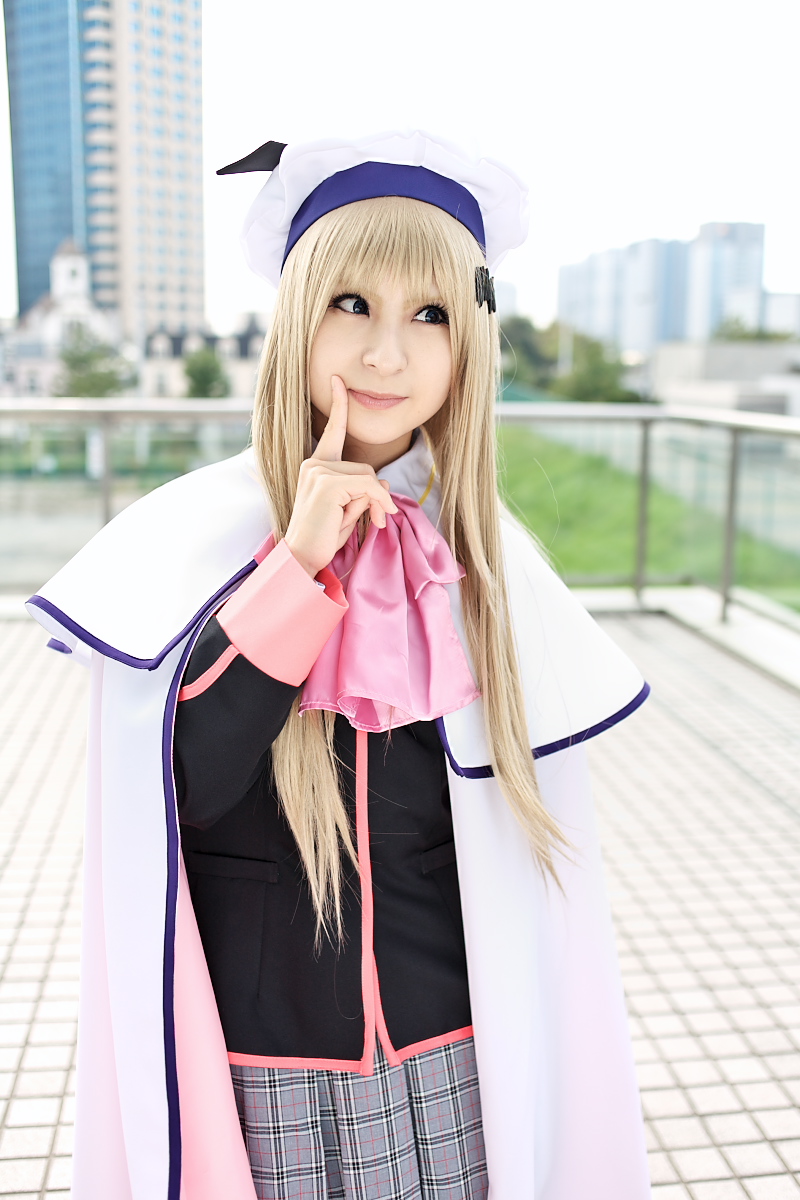 raiko, noumi kudryavka, little busters!, highres, photo (medium), beret, boots, cape, cosplay, hat, pleated skirt, sailor, school uniform, serafuku, skirt