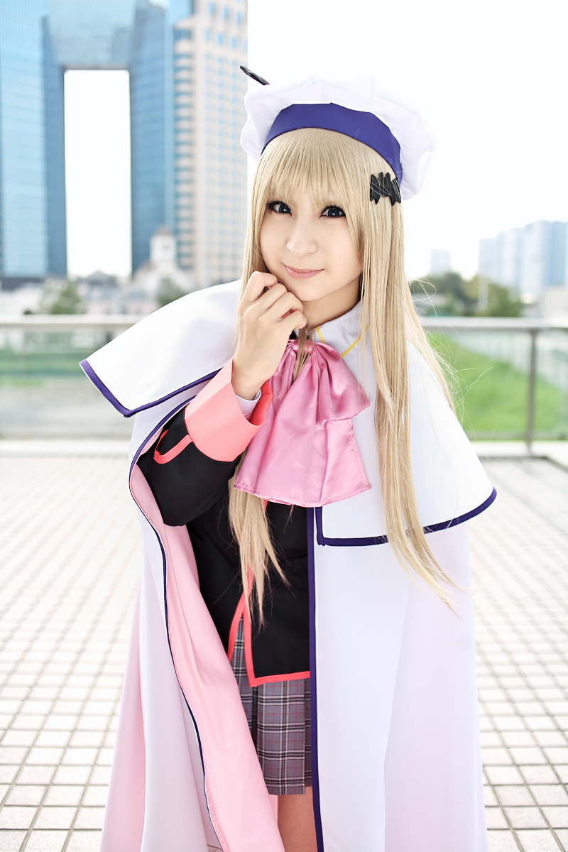 raiko, noumi kudryavka, little busters!, highres, photo (medium), beret, boots, cape, cosplay, hat, pleated skirt, sailor, school uniform, serafuku, skirt