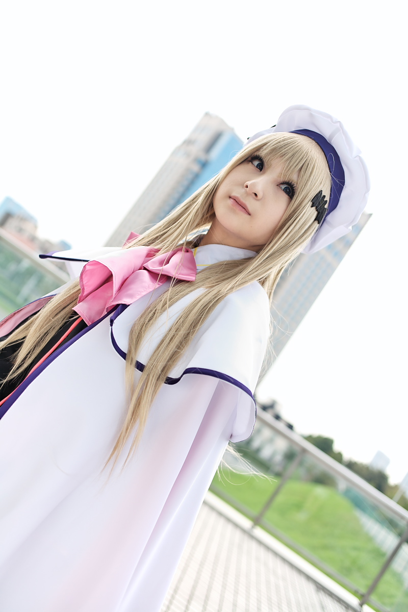 raiko, noumi kudryavka, little busters!, highres, photo (medium), beret, boots, cape, cosplay, hat, sailor, school uniform, serafuku