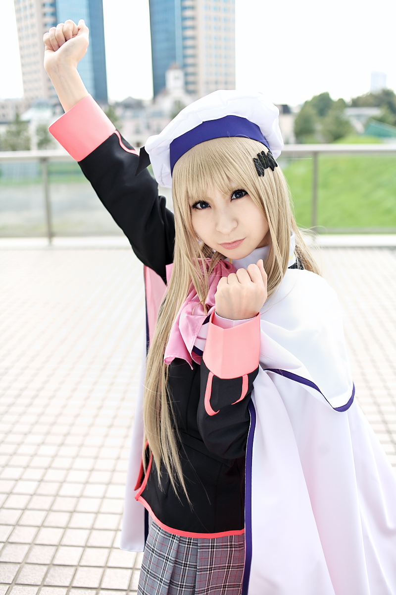 raiko, noumi kudryavka, little busters!, highres, photo (medium), beret, boots, cape, cosplay, hat, pleated skirt, sailor, school uniform, serafuku, skirt
