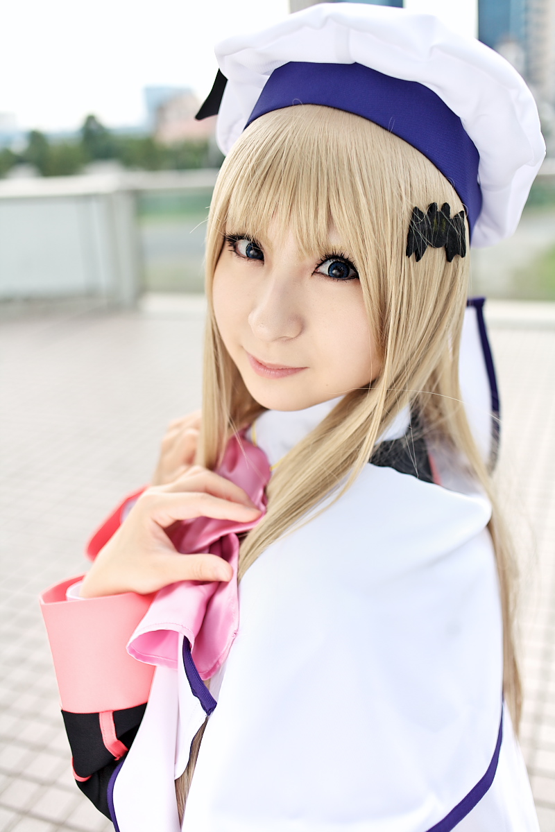 raiko, noumi kudryavka, little busters!, highres, photo (medium), beret, boots, cape, cosplay, hat, sailor, school uniform, serafuku