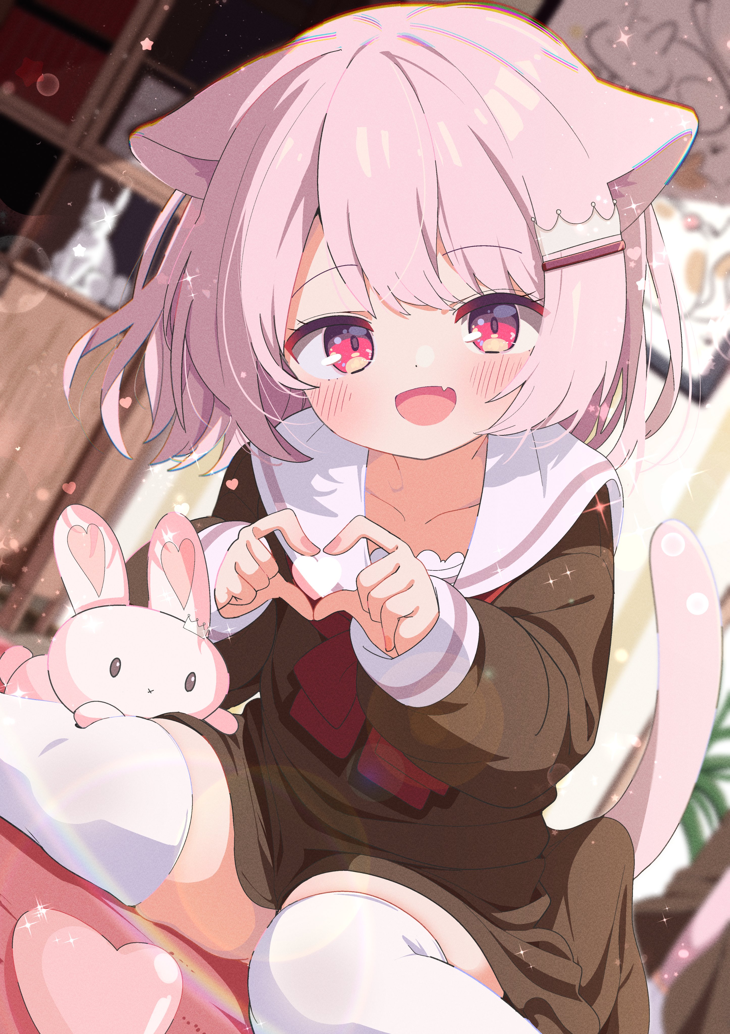shiro9jira, original, absurdres, highres, 1girl, animal ears, blurry, blush, brown shirt, cat ears, cat girl, cat tail, collarbone, fang, hair ornament, hairclip, heart, heart hands, indoors, looking at viewer, open mouth, pink eyes, pink hair, red eyes, sailor collar, school uniform, shirt, short hair, sitting, skin fang, smile, solo, tail, thighhighs, wariza, white thighhighs