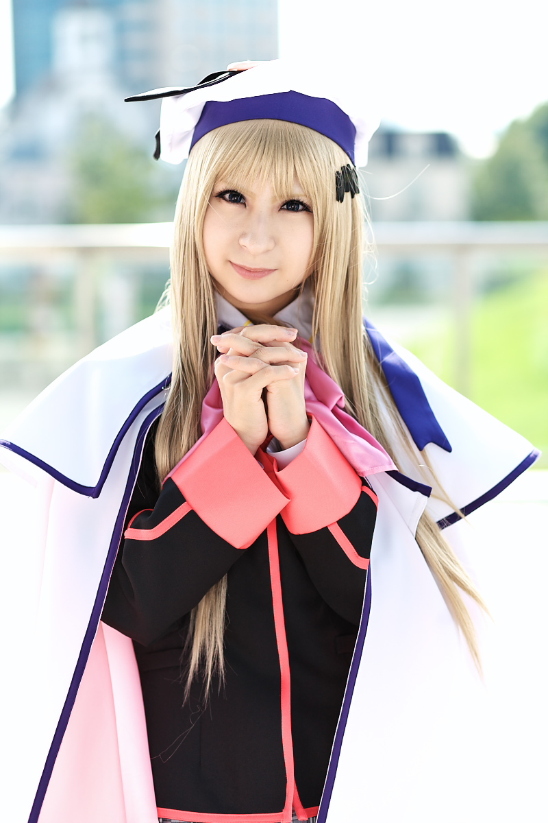 raiko, noumi kudryavka, little busters!, highres, photo (medium), beret, boots, cape, cosplay, hat, pleated skirt, sailor, school uniform, serafuku, skirt