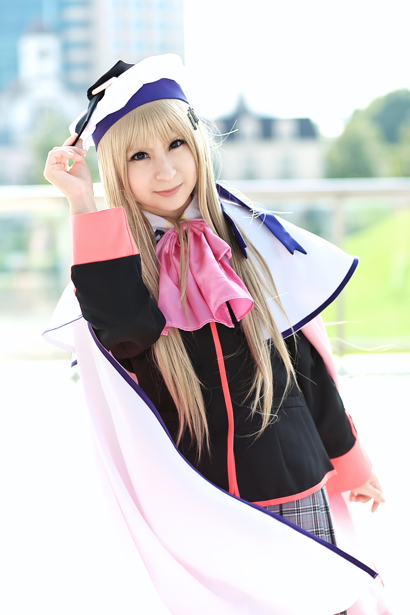 raiko, noumi kudryavka, little busters!, highres, photo (medium), beret, boots, cape, cosplay, hat, pleated skirt, sailor, school uniform, serafuku, skirt
