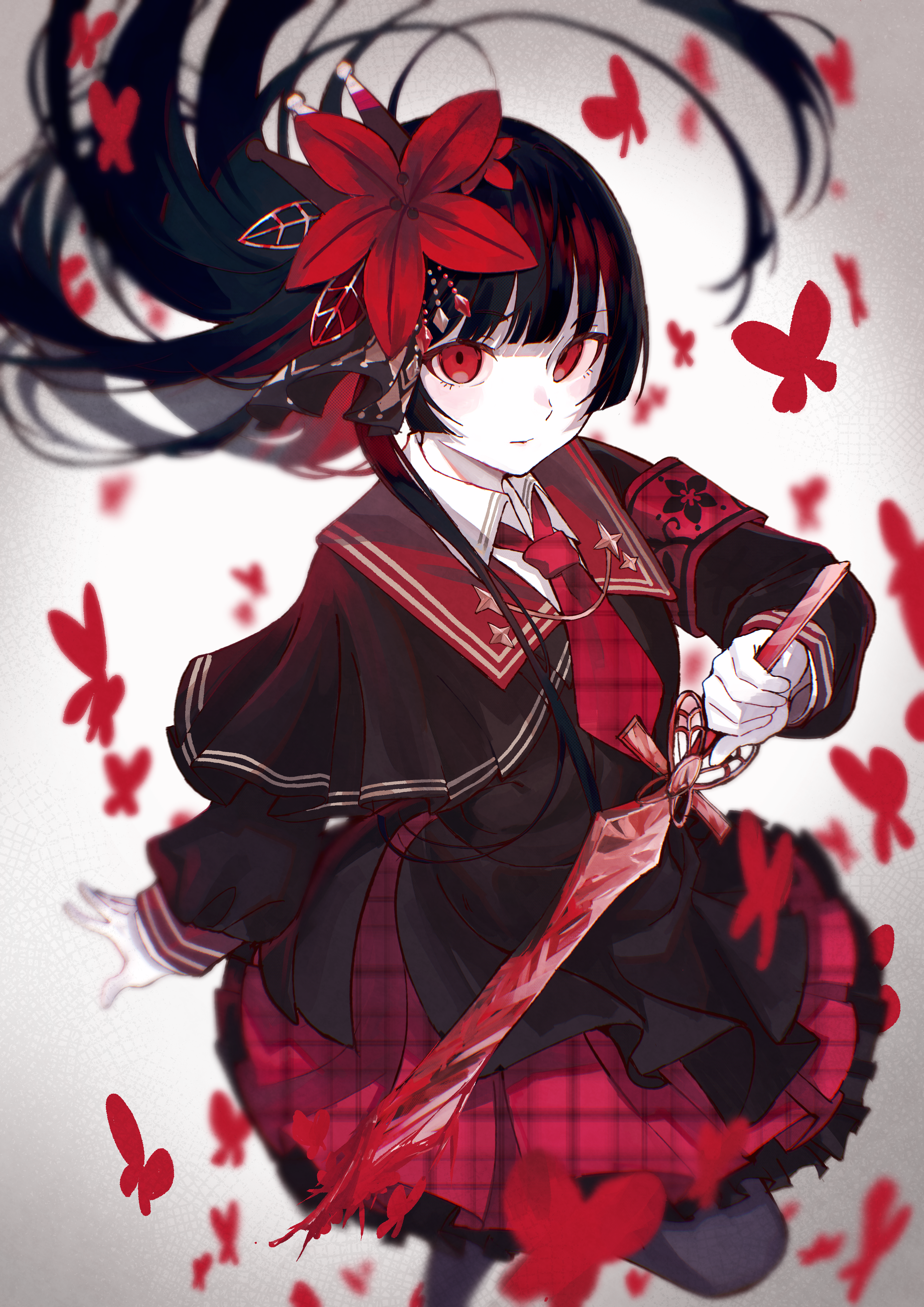 nikaidou hiro, mahou shoujo no majo saiban, absurdres, highres, 1girl, armband, black capelet, black hair, black shirt, black skirt, blood, bloody weapon, bug, butterfly, capelet, collared shirt, crown, empty eyes, floating hair, flower, frilled skirt, frills, hair floating upwards, hair flower, hair ornament, holding, holding sword, holding weapon, insect, layered skirt, long hair, long sleeves, looking at viewer, magical girl, necktie, nekojita (nnekojita15341), pale skin, plaid clothes, plaid skirt, red armband, red butterfly, red eyes, red flower, red necktie, red skirt, shirt, skirt, solo, standing, standing on one leg, sword, weapon, white shirt