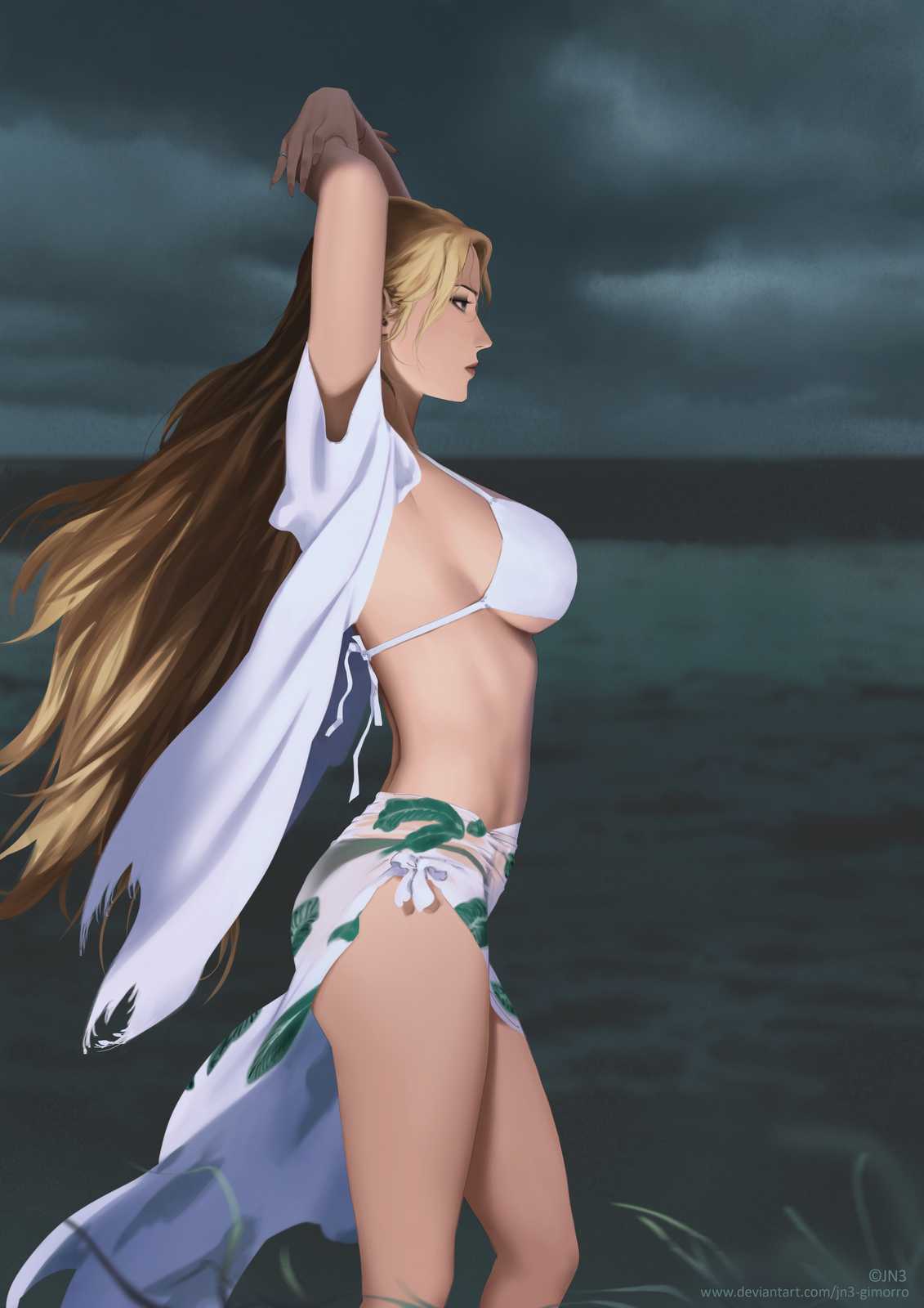 jn3, original, highres, 1girl, arms up, ass, bikini, blonde hair, bra, breasts, cloud, cloudy sky, dark cloud, fingernails, floating hair, from side, grass, green panties, grey eyes, horizon, jacket, jewelry, large breasts, leaf print, long eyelashes, long fingernails, long hair, median furrow, mismatched bikini, ocean, open clothes, open jacket, outdoors, panties, profile, ring, sarong, sideboob, sky, stomach, swimsuit, thighs, underboob, underwear, water, white bra, white jacket, white sarong