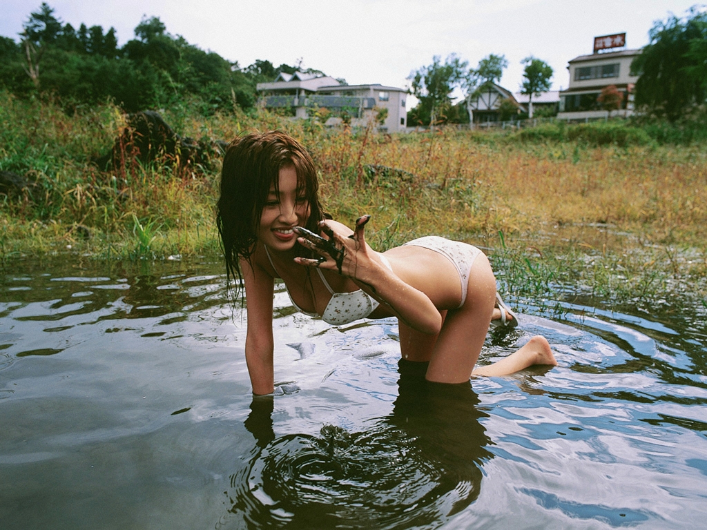 ando sayaka, photo (medium), bra, lingerie, mud, panties, pond, sandals, underwear, wet