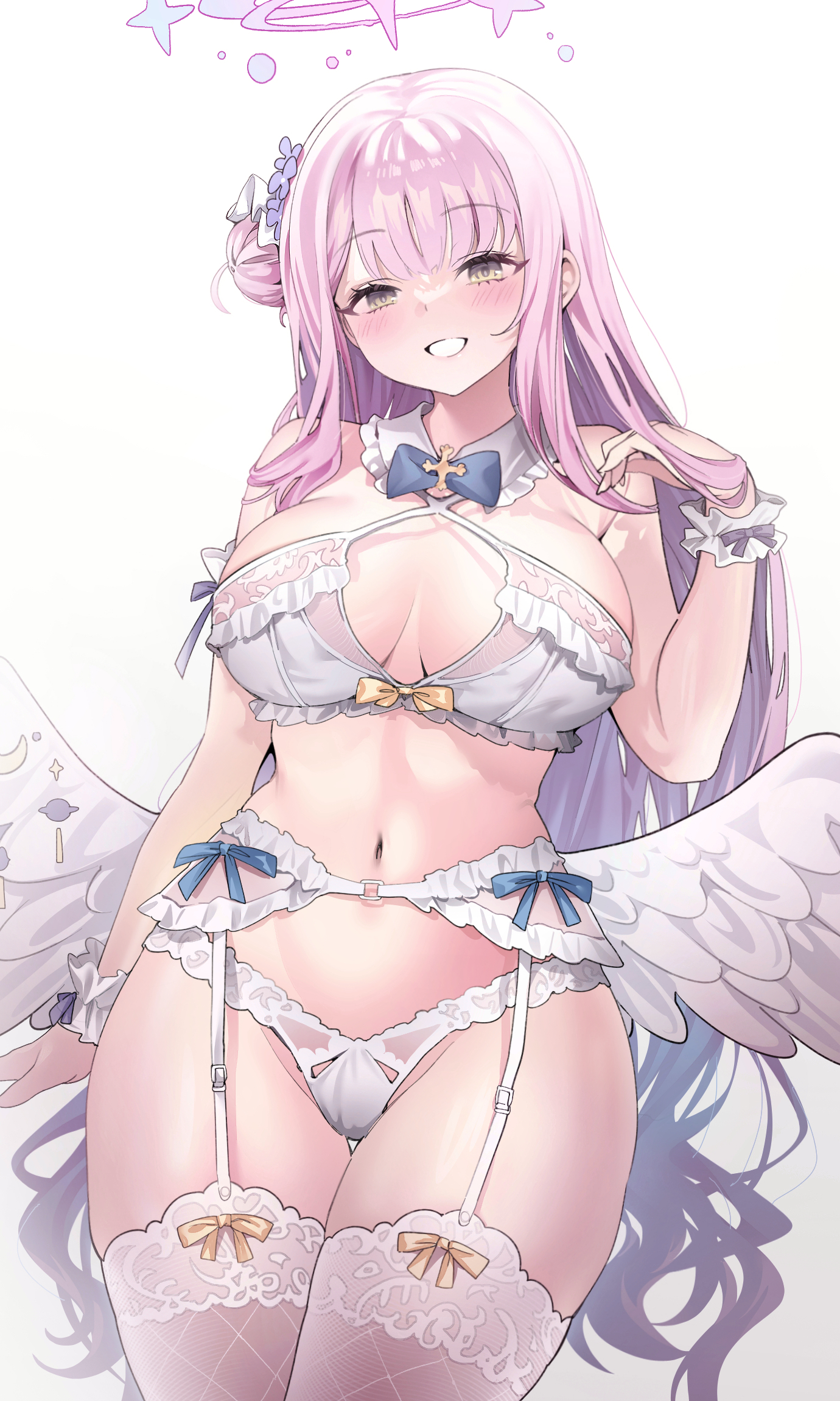 laseri, mika (blue archive), blue archive, commentary, highres, revision, 1girl, alternate costume, blush, bra, breasts, cleavage, cowboy shot, feathered wings, frilled bra, frilled wrist cuffs, frills, garter belt, halo, hand up, large breasts, long hair, looking at viewer, low wings, navel, panties, pink hair, pink halo, simple background, smile, solo, stomach, thighhighs, underwear, underwear only, white background, white bra, white garter belt, white panties, white thighhighs, white wings, white wrist cuffs, wing ornament, wings, wrist cuffs, wrist wrap, yellow eyes