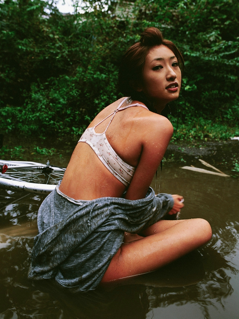ando sayaka, photo (medium), bicycle, bra, hood, hoodie, lingerie, mud, pond, underwear, wet