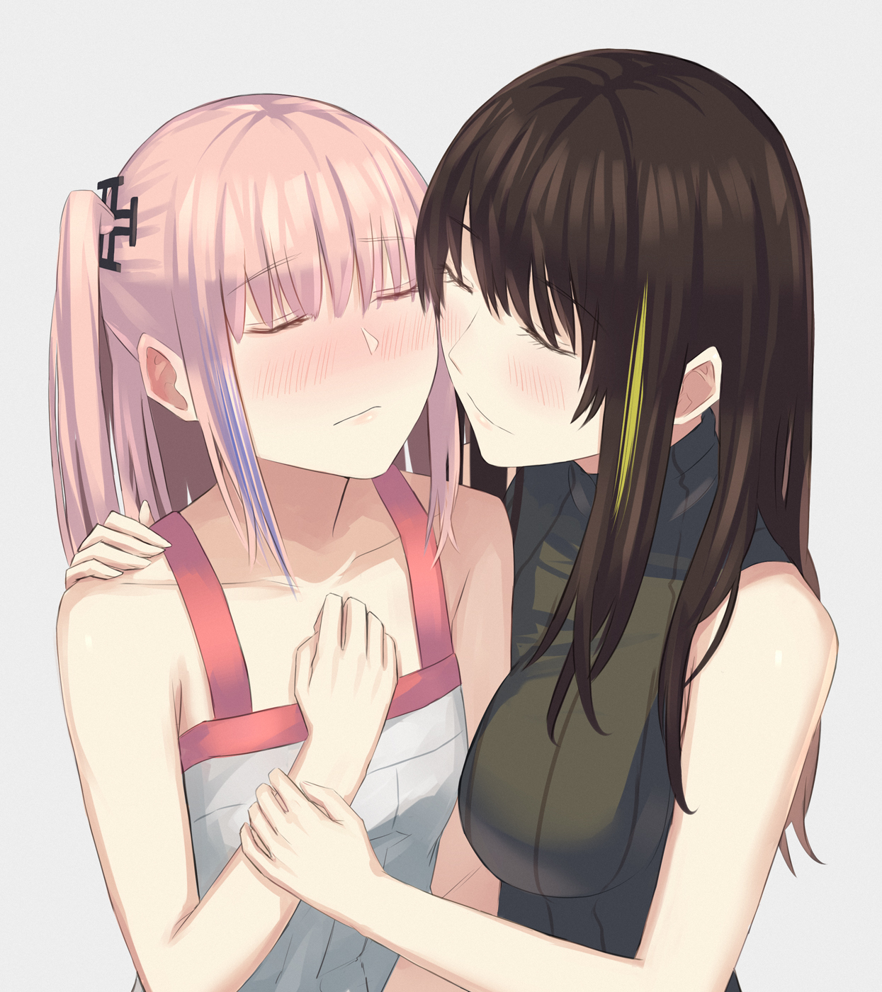 asakiri koko, m4a1 (girls' frontline), st ar-15 (girls' frontline), girls' frontline, commentary request, highres, 2girls, arm between breasts, between breasts, blue hair, blush, breasts, brown hair, closed eyes, collarbone, dress, green hair, green sweater, grey background, long hair, medium breasts, multicolored hair, multiple girls, one side up, pink hair, sidelocks, simple background, sleeveless, sleeveless dress, sleeveless sweater, sleeveless turtleneck, streaked hair, sweater, turtleneck, turtleneck sweater, upper body, white dress, yuri