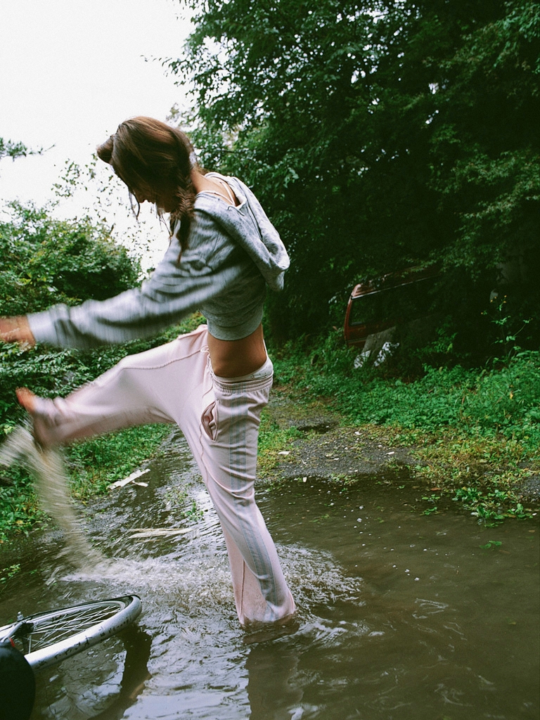 ando sayaka, photo (medium), bicycle, hood, hoodie, mud, pond, running pants, wet