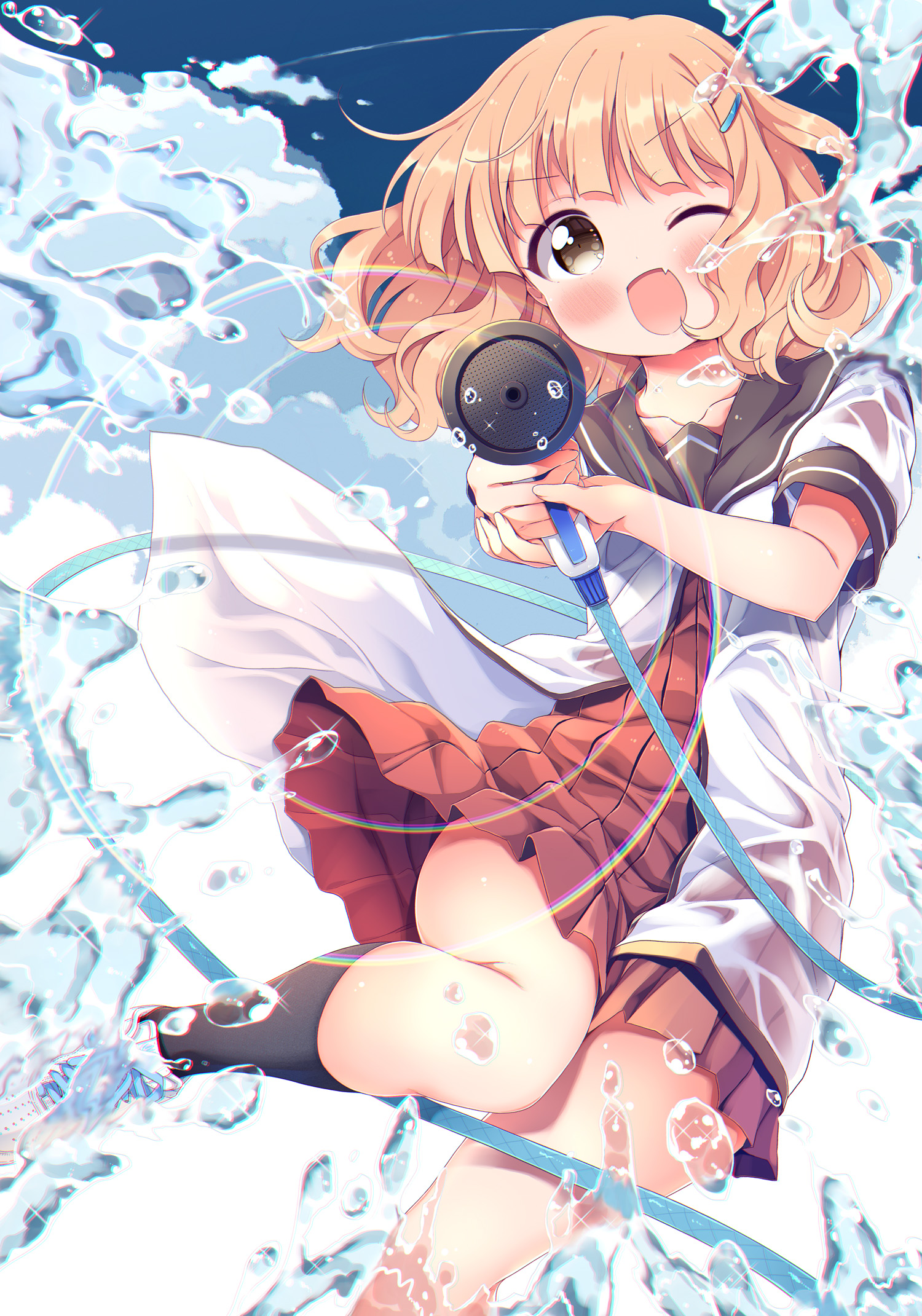 takahero, oomuro sakurako, yuruyuri, highres, > o, :d, black socks, brown sailor collar, buttons, cloud, collarbone, dress, fang, hair ornament, hairclip, hands up, holding, holding hose, hose, hose nozzle, kneehighs, looking at viewer, nanamori school uniform, one eye closed, open mouth, parallel hairclips, pleated dress, red dress, sailor collar, sailor shirt, school uniform, shirt, shoes, short dress, short sleeves, simple background, skin fang, smile, sneakers, socks, thighs, tongue, water, wet, wet clothes, wet shirt, white shirt