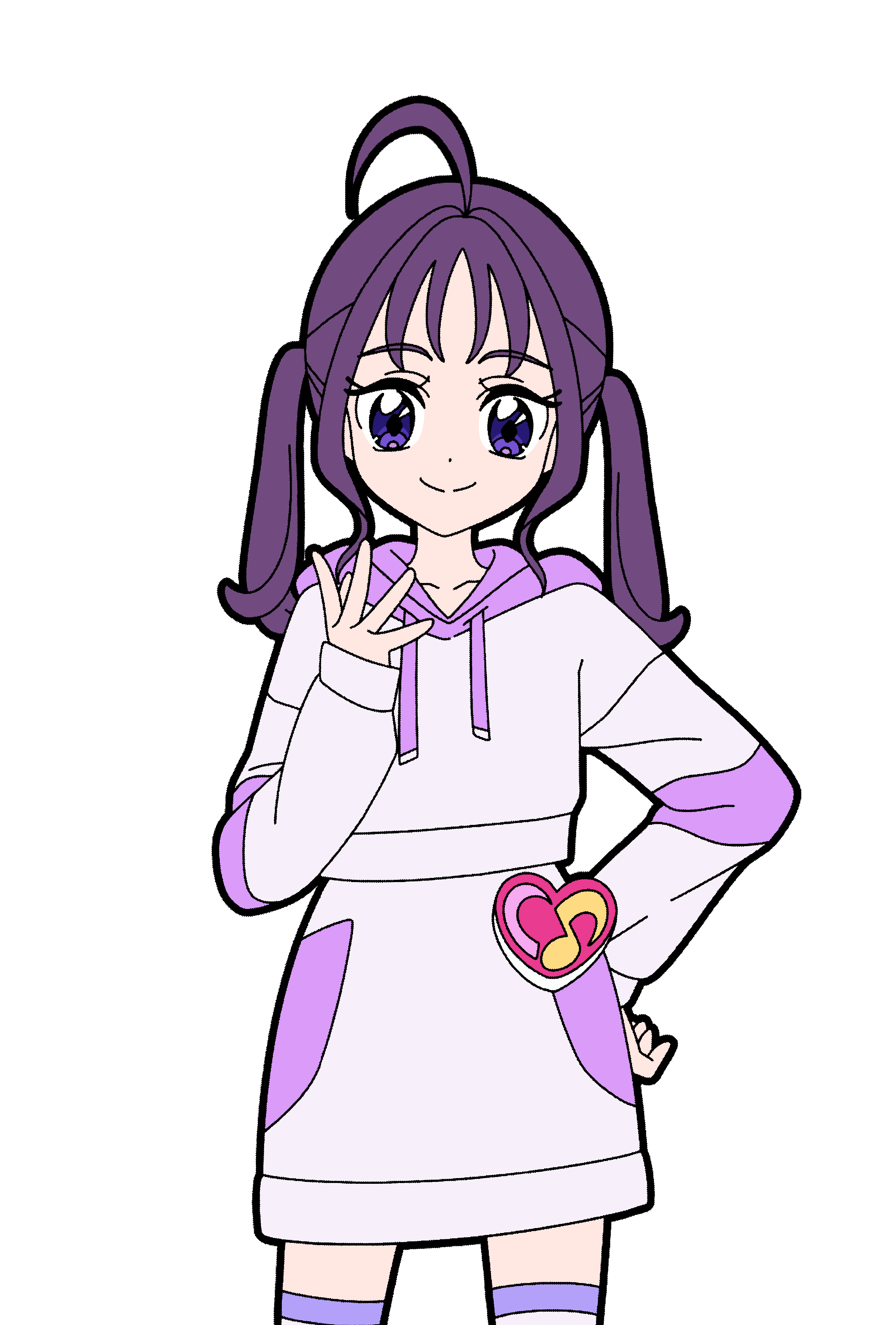 masami 01st, shigure kokoro, kimi to idol precure, precure, absurdres, commentary, highres, 1girl, ahoge, brooch, closed mouth, cowboy shot, dot nose, drawstring, hair intakes, hand on own hip, hand up, heart, heart brooch, heart brooch holder, hood, hood down, hoodie, idol heart brooch, jewelry, long sleeves, looking at viewer, medium hair, open hand, purple eyes, purple hair, purple hoodie, purple skirt, purple thighhighs, simple background, skirt, sleeves past wrists, smile, solo, split mouth, spread fingers, standing, thighhighs, twintails, white background, zettai ryouiki