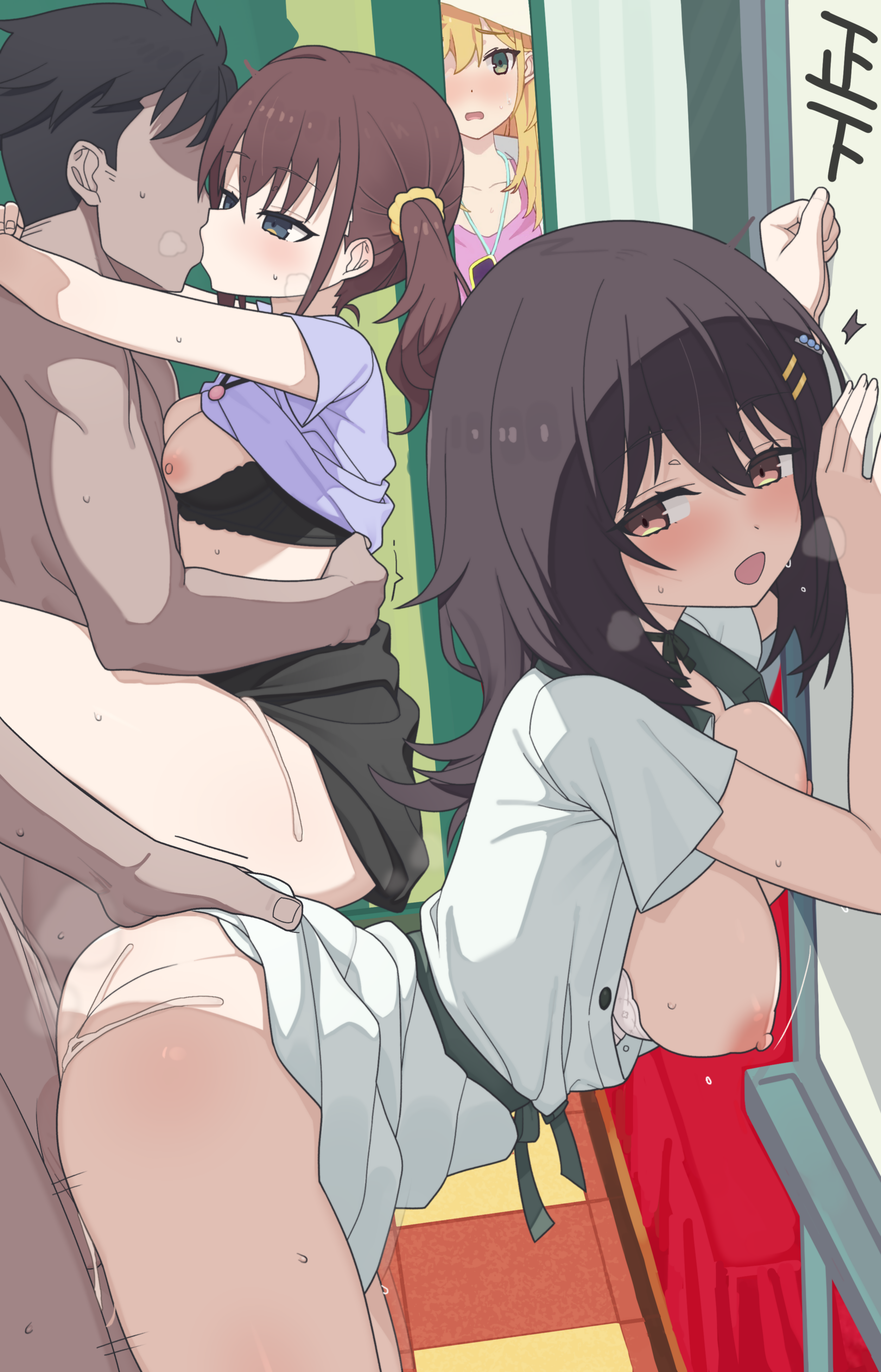 eguegu, furutachi kurea, hoshi nana, kawai mako, hibi wa sugiredo meshi umashi, absurdres, highres, 2boys, 3girls, against wall, arms around neck, ass, bent over, black bra, black hair, black skirt, blonde hair, blush, bouncing breasts, bra, bra pull, breasts, breasts out, brown eyes, brown hair, clothed female nude male, clothed sex, clothes lift, clothes pull, clubroom, dress, dress lift, faceless, faceless male, green dress, green eyes, green sash, grey eyes, group sex, hair ornament, hair scrunchie, hair tie, hairclip, hand on another's ass, hetero, indoors, kiss, large breasts, leg lock, lifting person, long hair, looking back, medium breasts, medium hair, multiple boys, multiple girls, multiple hair clips, nipples, nude, open clothes, open door, open dress, open mouth, orgy, peeking, purple shirt, pussy juice, sash, scrunchie, sex, sex from behind, shirt, shirt lift, short sleeves, skirt, skirt lift, small breasts, standing, standing leg lock, standing sex, suspended congress, sweat, twintails, underwear, vaginal, white bra, yellow scrunchie