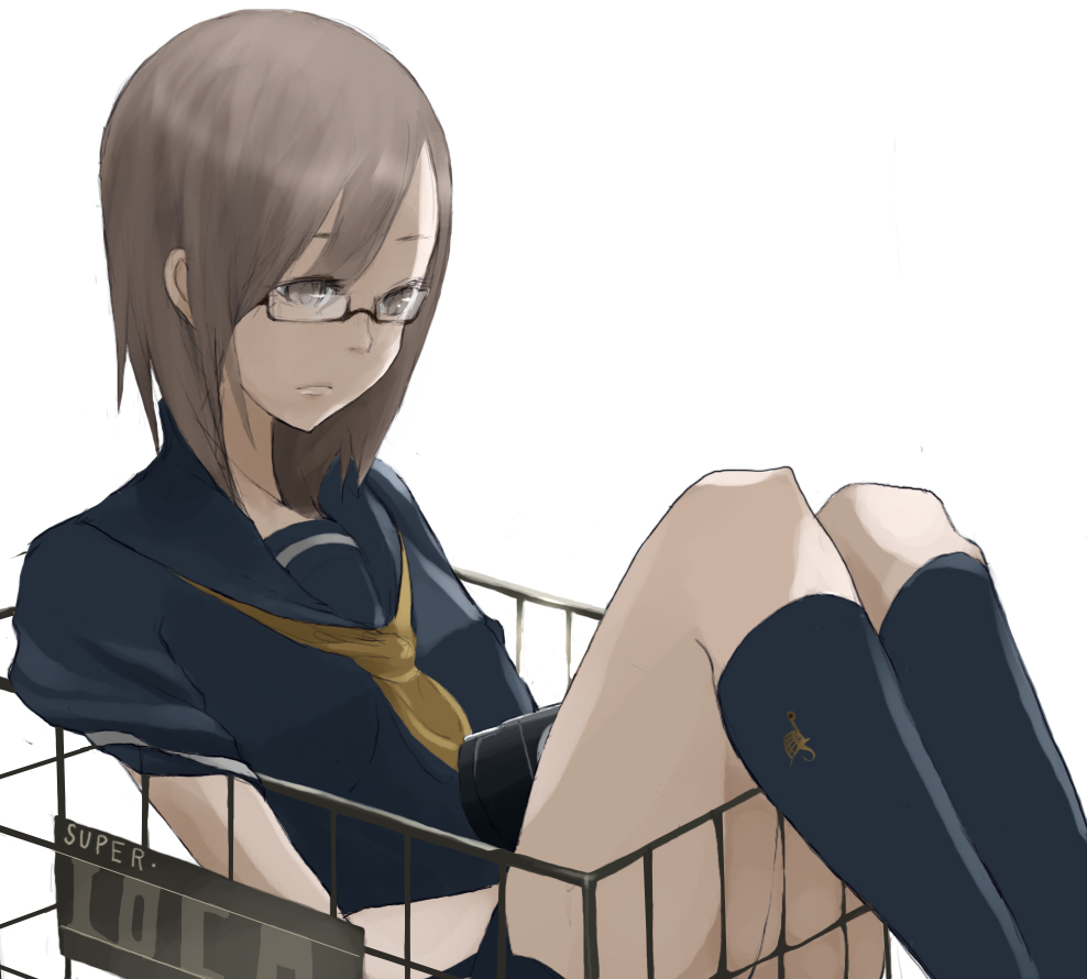 tansuke, 1girl, brown eyes, brown hair, female focus, glasses, handheld game console, playing games, playstation portable, school uniform, serafuku, socks, solo, video game