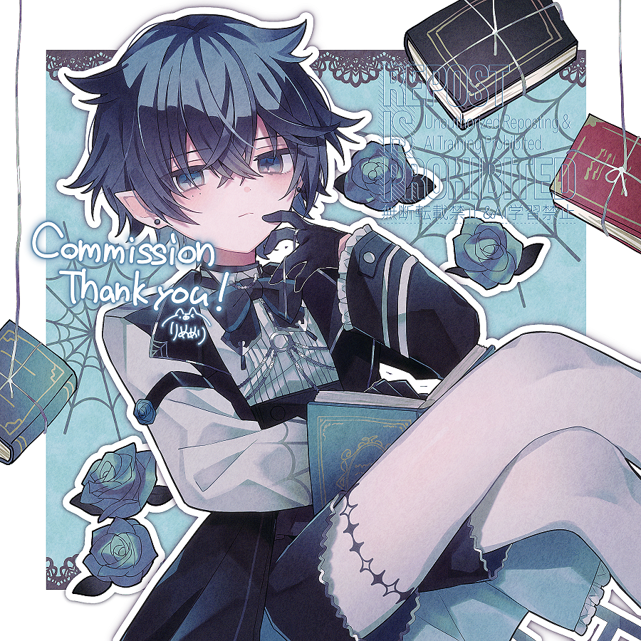 eringikinono, commentary request, commission, skeb commission, 1boy, aqua background, artemisia (vtuber group), black bow, black bowtie, black coat, black gloves, blue hair, border, bow, bowtie, breasts, coat, crossed legs, feet out of frame, flipped hair, frown, gloves, looking at viewer, male focus, outline, pantyhose, pointy ears, shirt, short hair, silk, solo, spider web, virtual youtuber, watermark, white border, white pantyhose, white shirt, wilear ragna