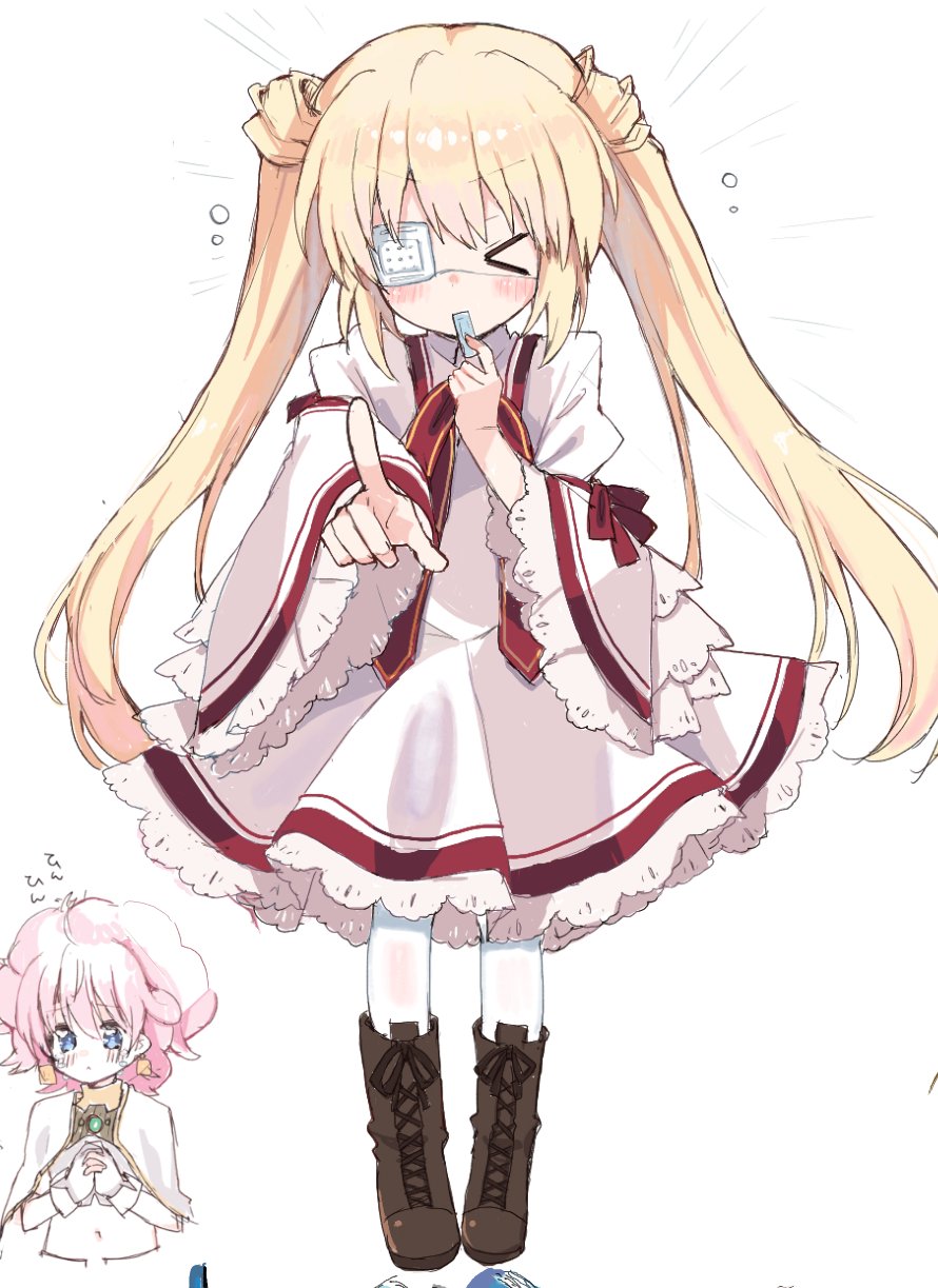 takepoison, nakatsu shizuru, sill plain, rance (series), rance vi, rewrite, commentary request, highres, > <, 2girls, blonde hair, blowing whistle, blush, blush stickers, boots, brown boots, dress, eyepatch, facing viewer, flying sweatdrops, frilled dress, frilled sleeves, frills, full body, hair between eyes, hands up, holding, holding whistle, index finger raised, juliet sleeves, kazamatsuri institute high school uniform, lace-up boots, long hair, long sleeves, medical eyepatch, medium dress, multiple girls, one eye covered, pantyhose, pointing, pointing at viewer, puffy sleeves, school uniform, sidelocks, simple background, solo focus, standing, straight hair, twintails, v-shaped eyebrows, very long hair, whistle, white background, white dress, white pantyhose, wide sleeves