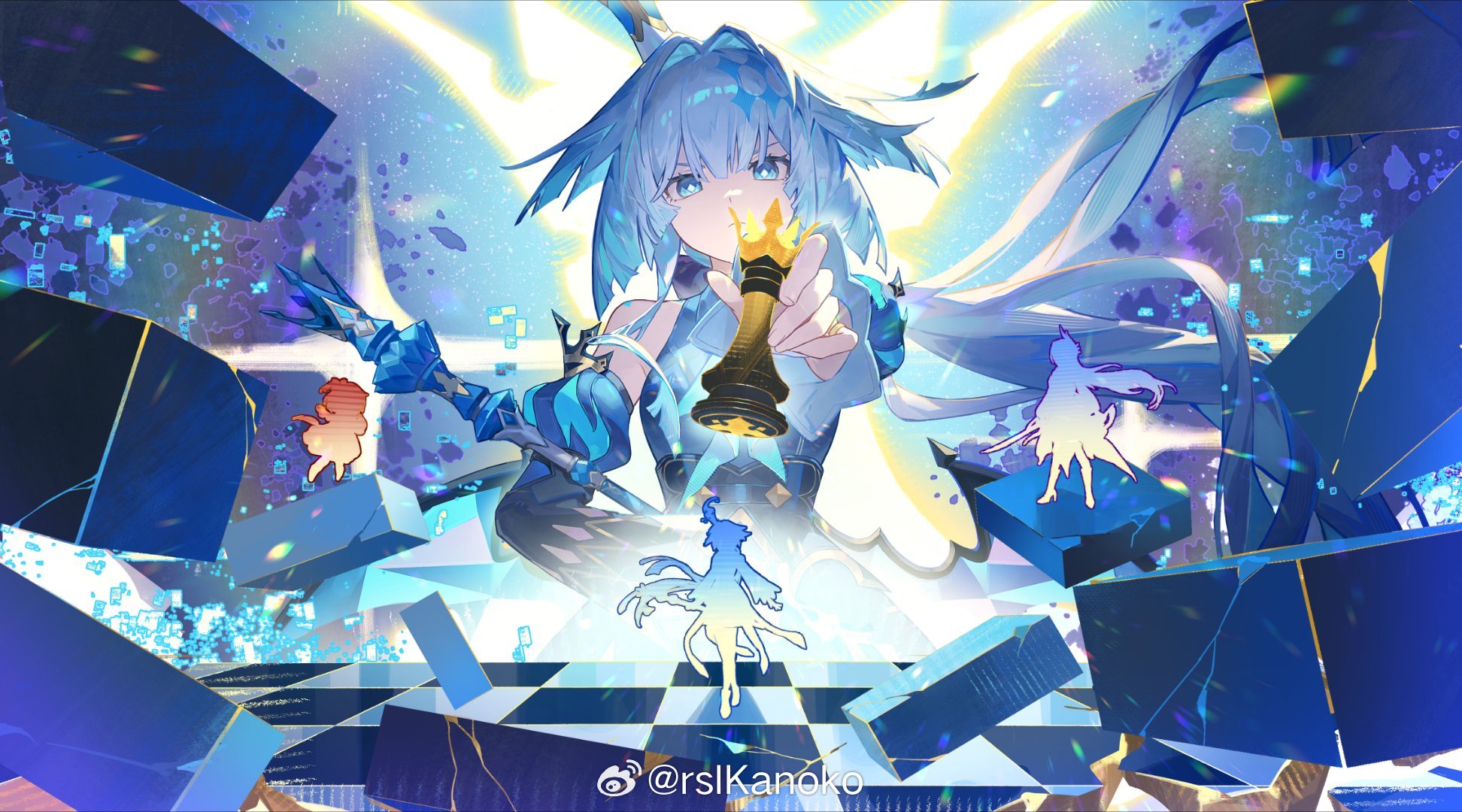 kanoko lu, cerydra (honkai: star rail), hysilens (honkai: star rail), tribbie (honkai: star rail), honkai: star rail, honkai (series), highres, 1girl, blue eyes, blue hair, bright pupils, chess piece, closed mouth, crown, detached sleeves, grey hair, holding, holding chess piece, king (chess), long hair, long sleeves, looking to the side, mini crown, white pupils