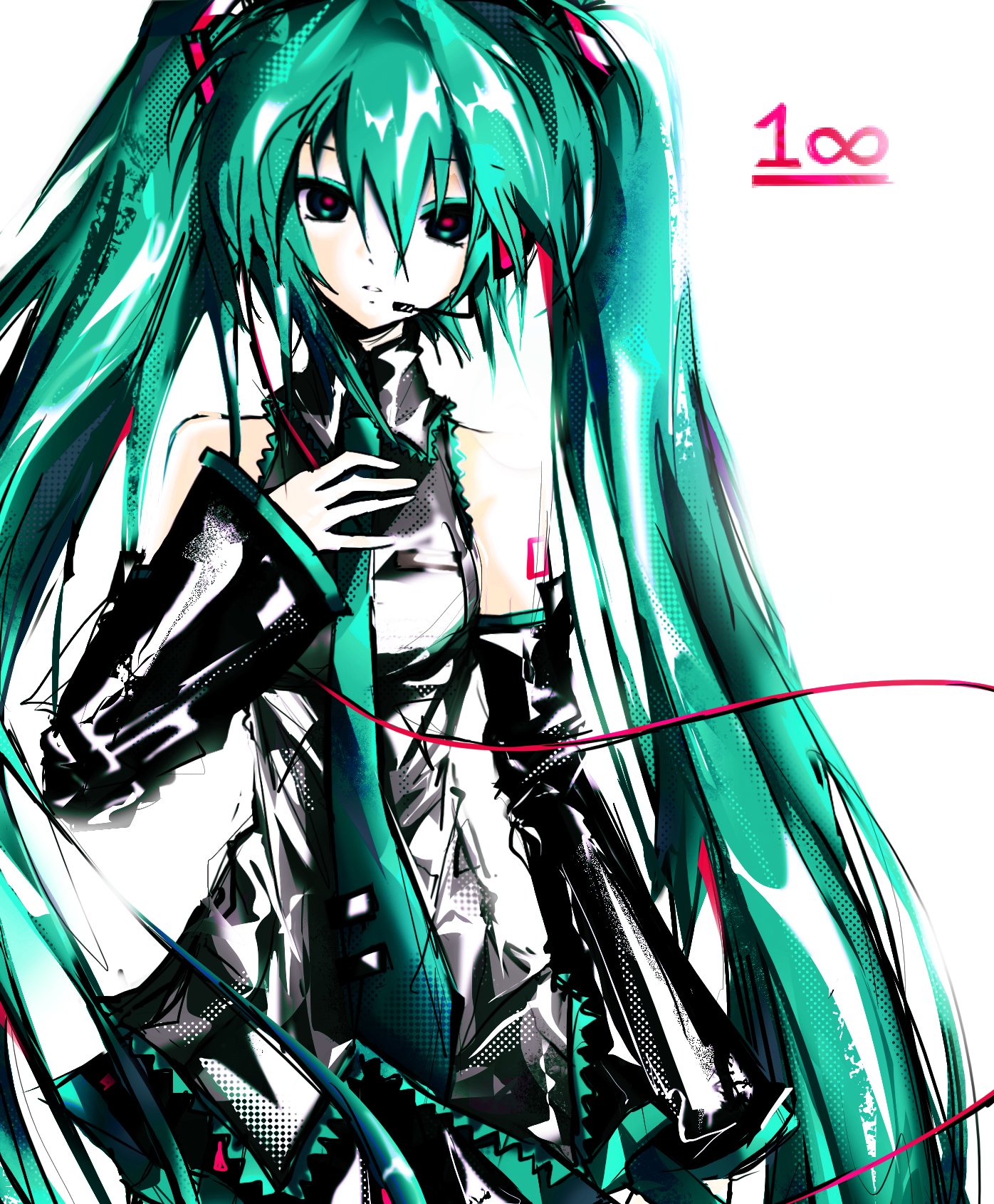 hatsune miku, vocaloid, highres, 1girl, aqua eyes, aqua hair, aqua necktie, bare shoulders, black sleeves, d4rkangel 01, detached sleeves, grey shirt, hair between eyes, headset, long hair, looking at viewer, necktie, number tattoo, shirt, simple background, skirt, sleeveless, solo, tattoo, twintails, very long hair