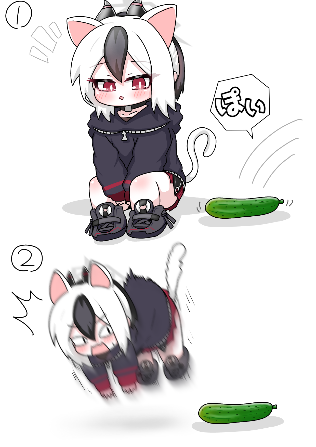 tomimon, kayoko (blue archive), blue archive, commentary request, highres, translation request, <|> <|>, 1girl, ^^^, animal ears, between legs, black boots, black hair, black hoodie, blush, boots, cat ears, cat girl, cat tail, cats are scared of cucumbers, chibi, cucumber, hair between eyes, halo, hand between legs, hood, hood down, hoodie, horns, jumping, kemonomimi mode, long sleeves, motion blur, motion lines, multicolored hair, notice lines, open mouth, parted lips, pleated skirt, ponytail, puffy long sleeves, puffy sleeves, red eyes, red skirt, shadow, skirt, sleeves past wrists, speed lines, squatting, tail, two-tone hair, wavy mouth, white background, white hair
