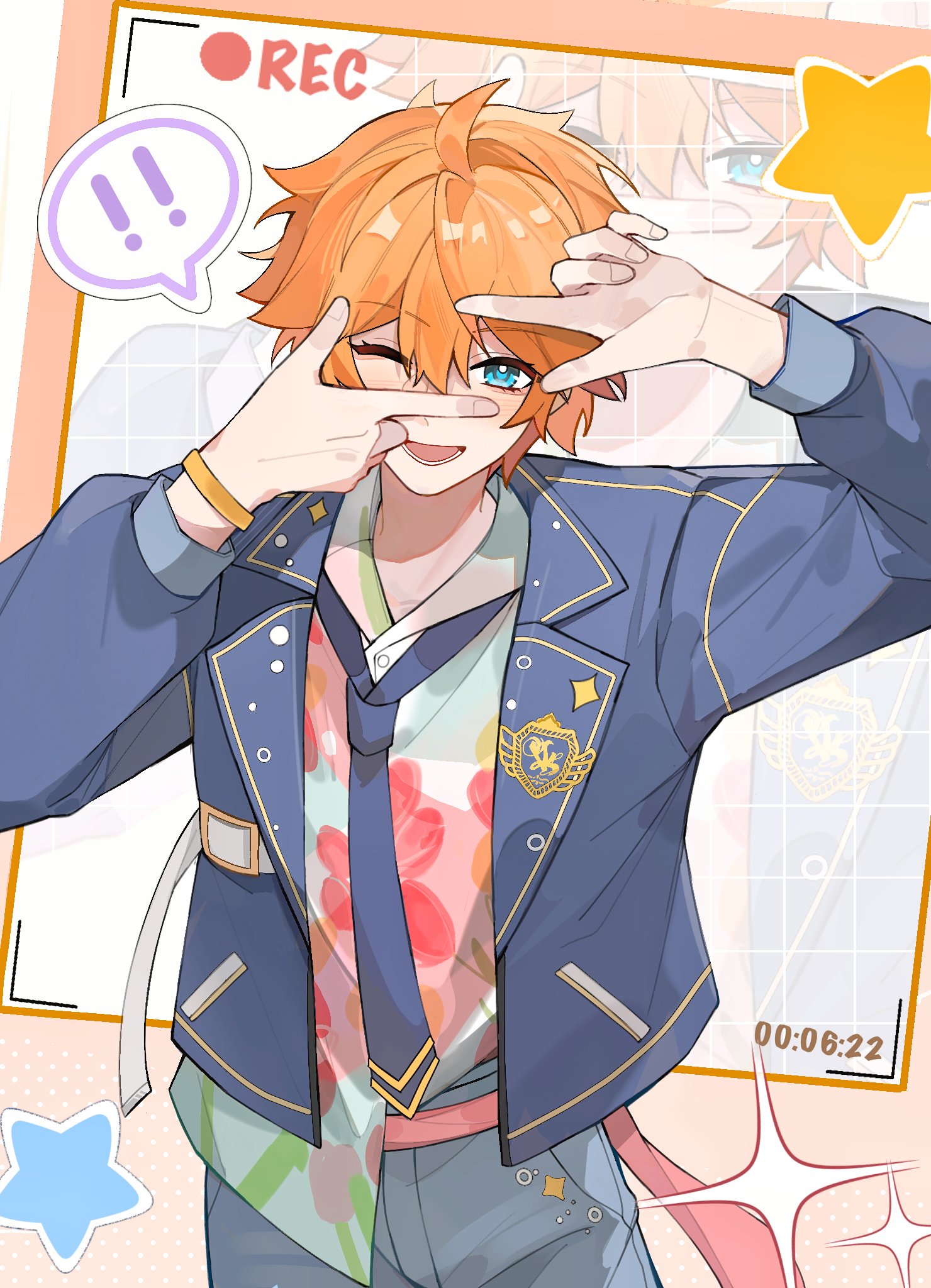 akehoshi subaru, ensemble stars!, highres, !, blazer, blue eyes, blue jacket, blue necktie, bracelet, finger frame, hair between eyes, jacket, jewelry, long sleeves, male focus, necktie, official alternate costume, one eye closed, open clothes, open jacket, open mouth, orange hair, print shirt, school uniform, shirt, shirt partially tucked in, short hair, smile, solo, speech bubble, spoken exclamation mark, star (symbol), yyq1919
