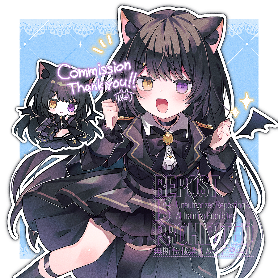 eringikinono, indie virtual youtuber, commentary request, commission, skeb commission, 1girl, animal ears, black bow, black hair, black skirt, black socks, black thighhighs, blue background, blush, border, bow, cat ears, chibi, chibi inset, clenched hands, demon wings, feet out of frame, heterochromia, long hair, looking at viewer, mismatched socks, multiple views, necktie, open mouth, outline, purple eyes, showgirl skirt, single thighhigh, skirt, smile, socks, sparkle, thighhighs, virtual youtuber, white border, white necktie, wings, yellow eyes, yoineko luna
